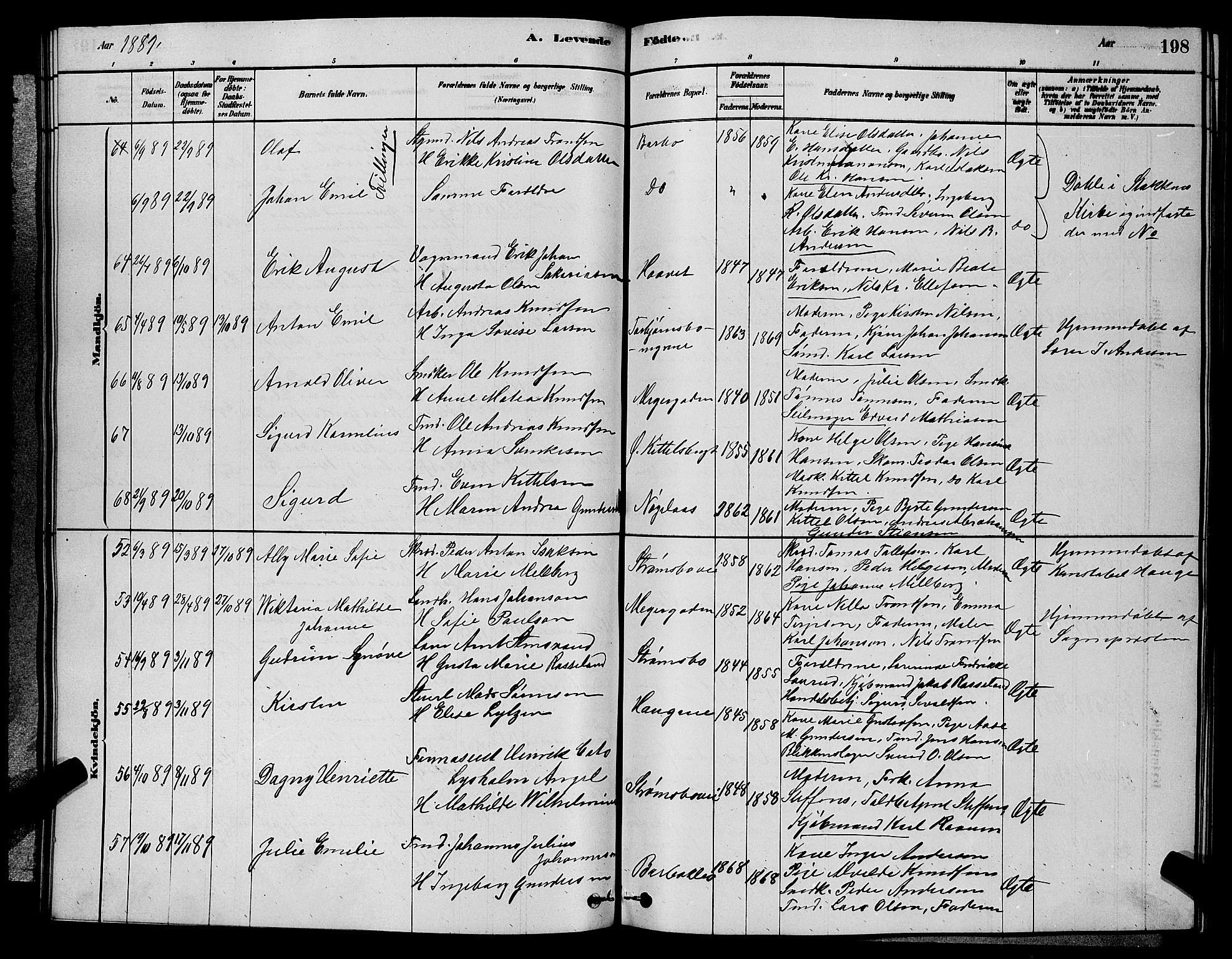 Barbu sokneprestkontor, AV/SAK-1111-0003/F/Fb/L0001: Parish register (copy) no. B 1, 1878-1890, p. 198