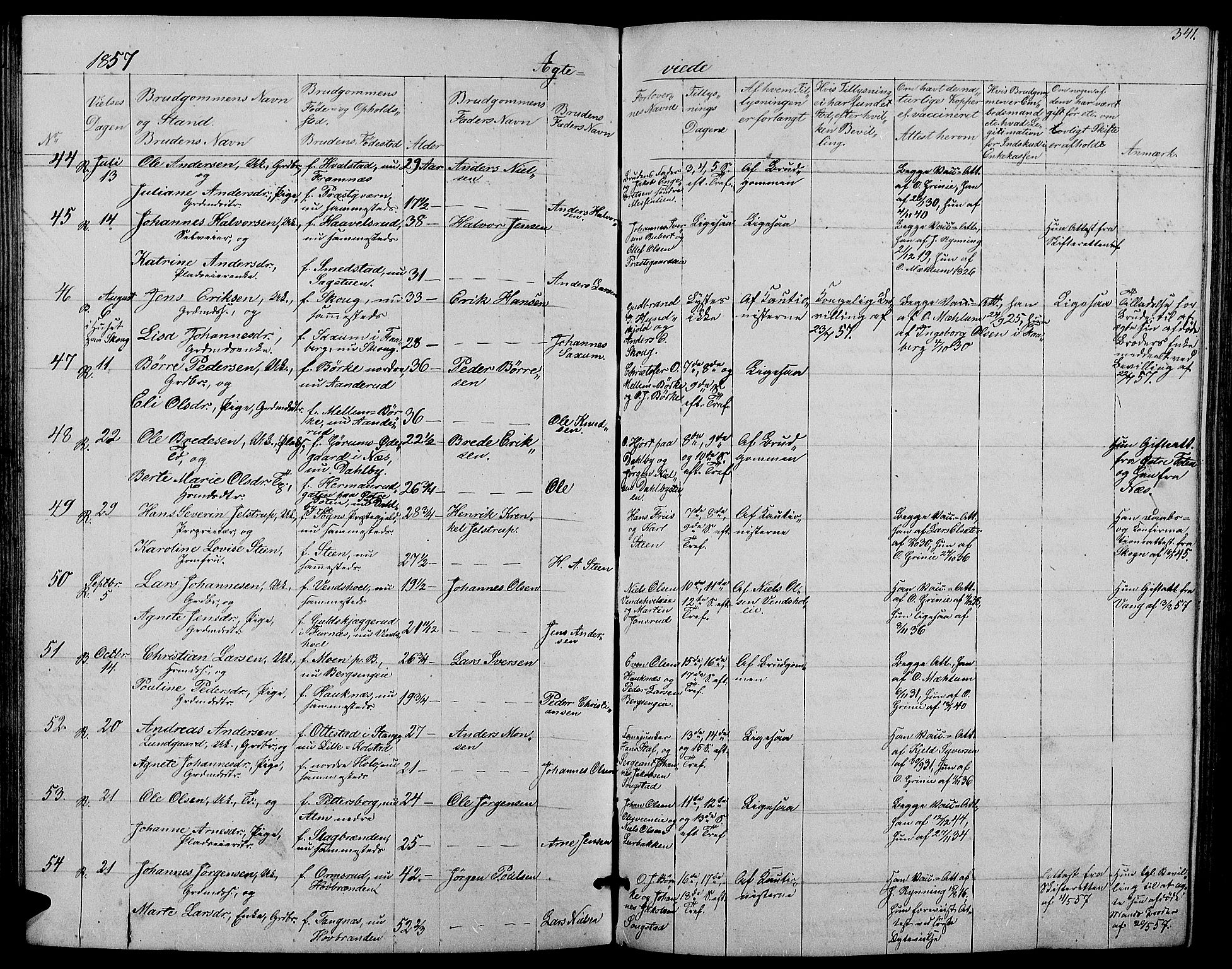 Ringsaker prestekontor, AV/SAH-PREST-014/L/La/L0006: Parish register (copy) no. 6, 1851-1860, p. 341