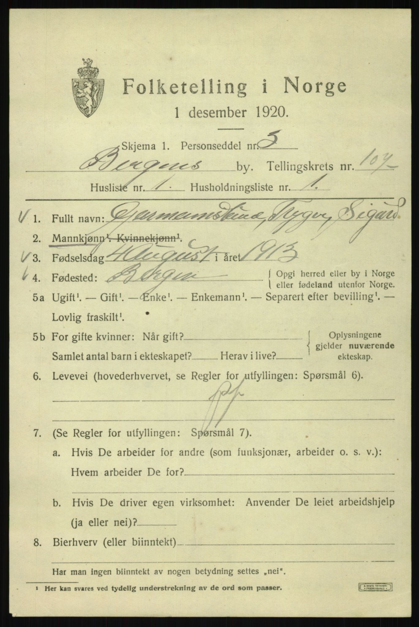 SAB, 1920 census for Bergen, 1920, p. 184792