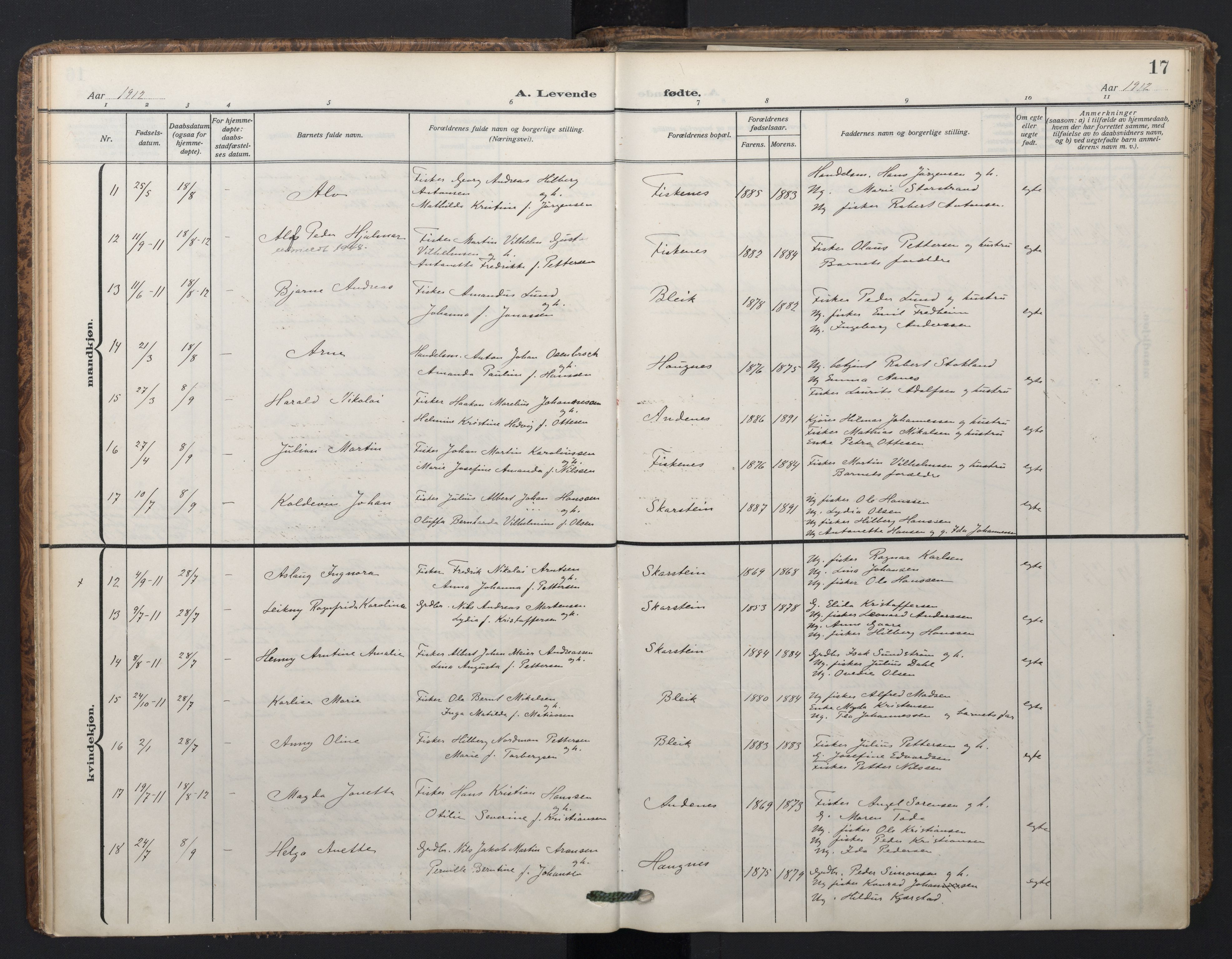 Ministerialprotokoller, klokkerbøker og fødselsregistre - Nordland, AV/SAT-A-1459/899/L1438: Parish register (official) no. 899A06, 1909-1922, p. 17