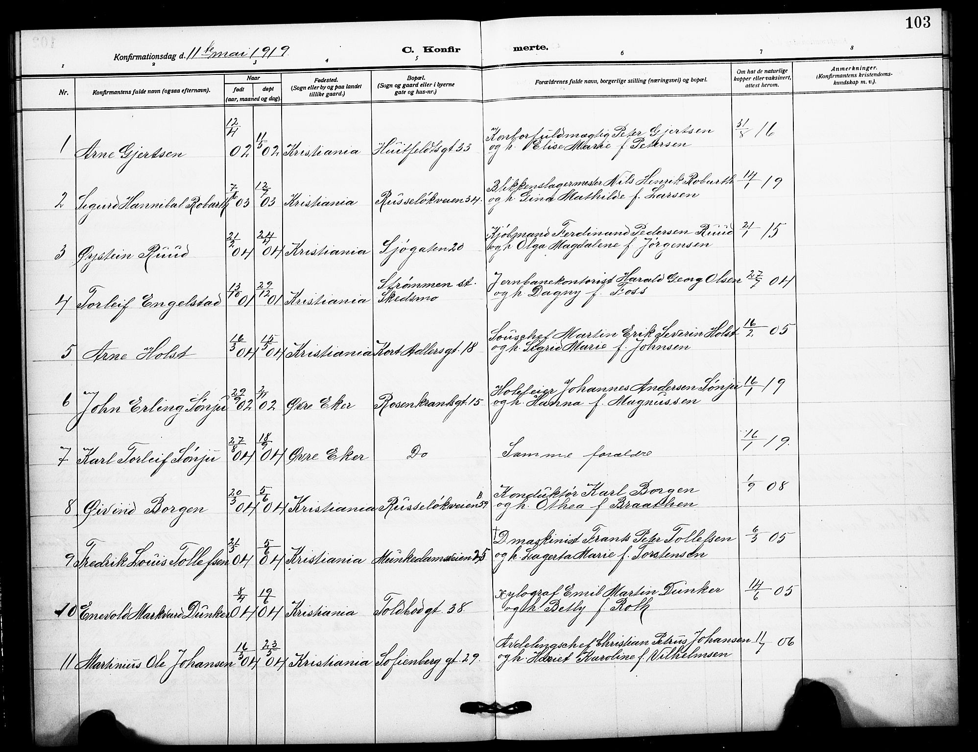 Johannes prestekontor Kirkebøker, SAO/A-10852/F/Fa/L0011: Parish register (official) no. 11, 1908-1921, p. 103
