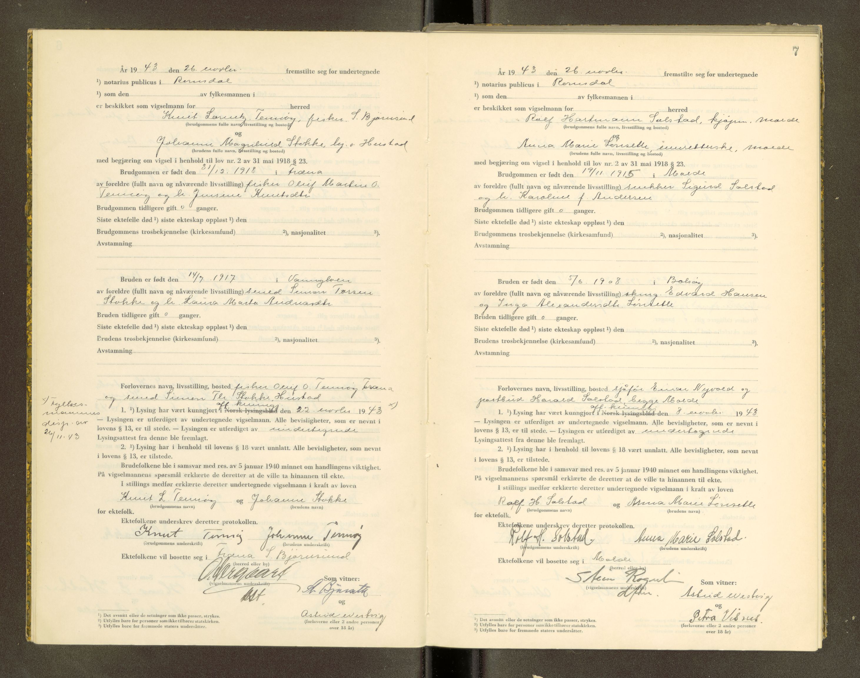 Romsdal sorenskriveri, AV/SAT-A-4149/1/6/6D/L0007: Vigselbok, 1943-1944, p. 7