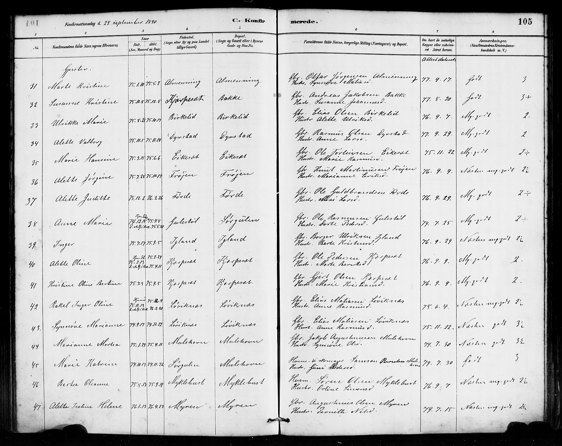 Bremanger sokneprestembete, AV/SAB-A-82201/H/Haa/Haab/L0001: Parish register (official) no. B 1, 1884-1895, p. 105