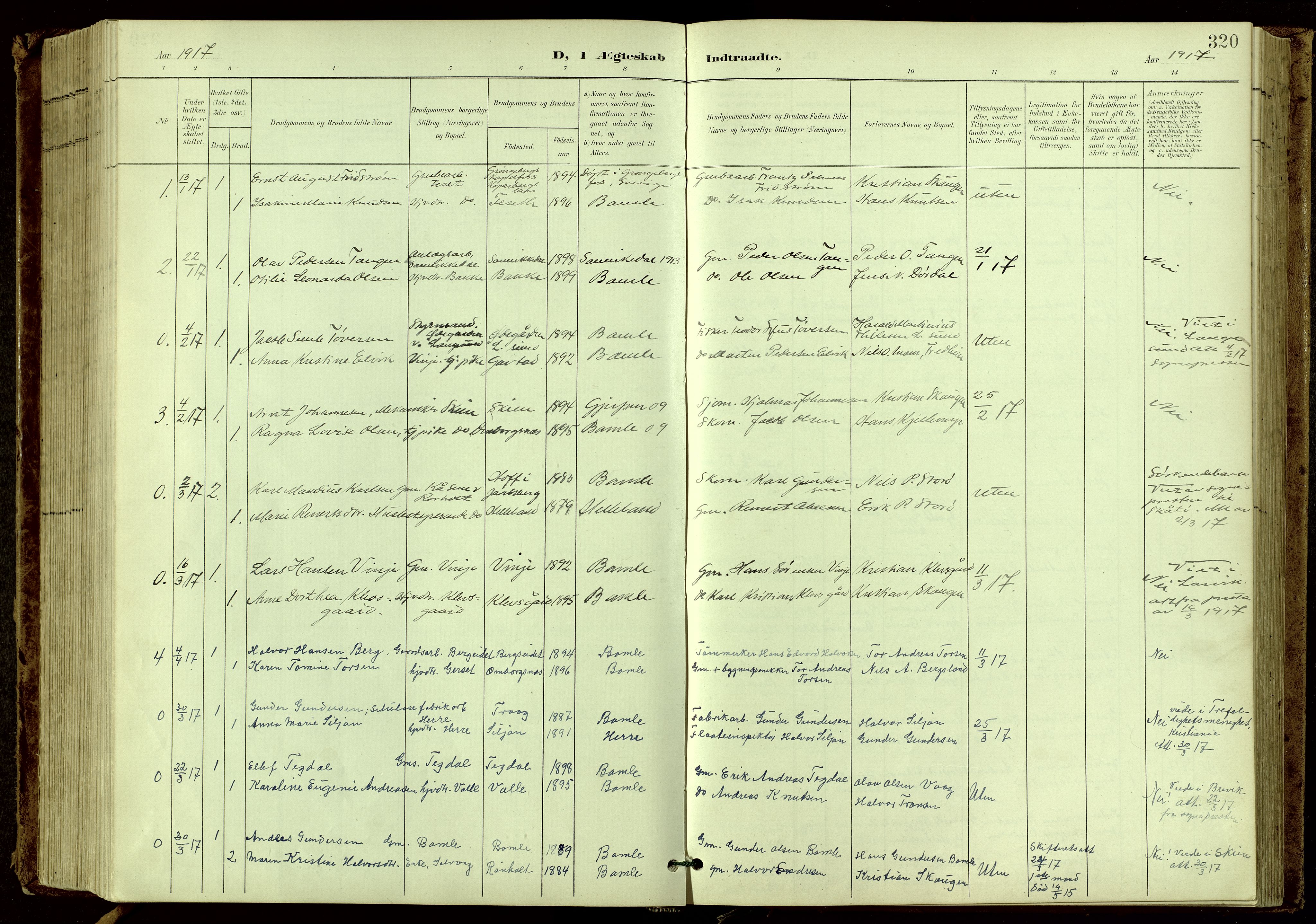 Bamble kirkebøker, SAKO/A-253/G/Ga/L0010: Parish register (copy) no. I 10, 1901-1919, p. 320