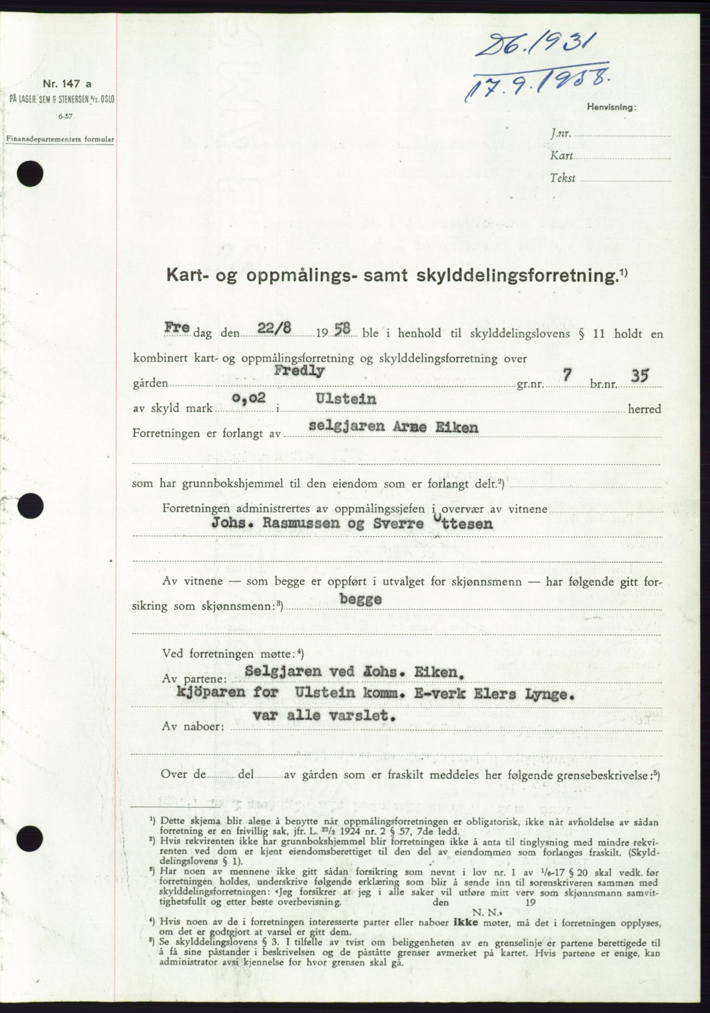 Søre Sunnmøre sorenskriveri, AV/SAT-A-4122/1/2/2C/L0110: Mortgage book no. 36A, 1958-1958, Diary no: : 1931/1958