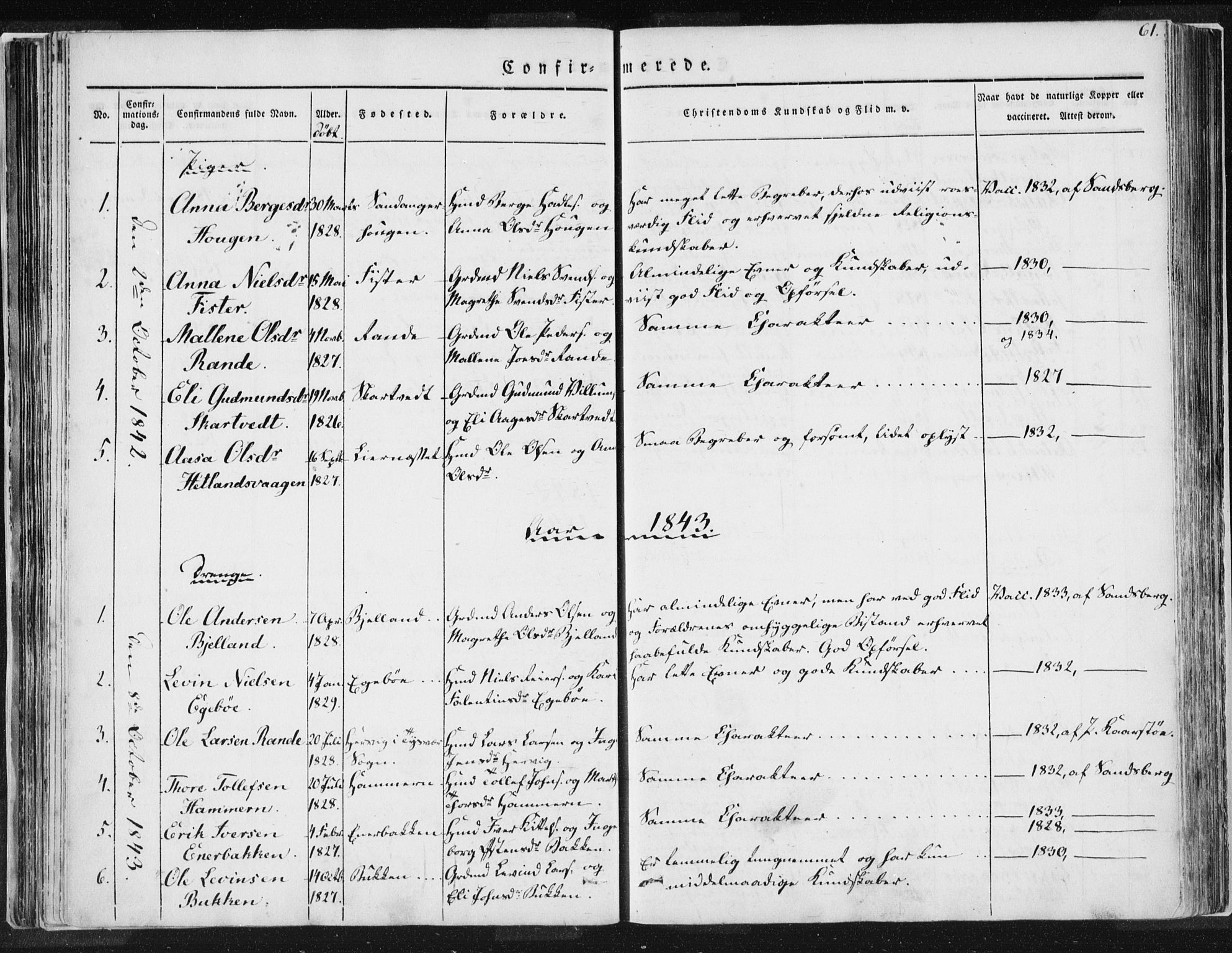 Hjelmeland sokneprestkontor, AV/SAST-A-101843/01/IV/L0007: Parish register (official) no. A 7, 1834-1850, p. 61