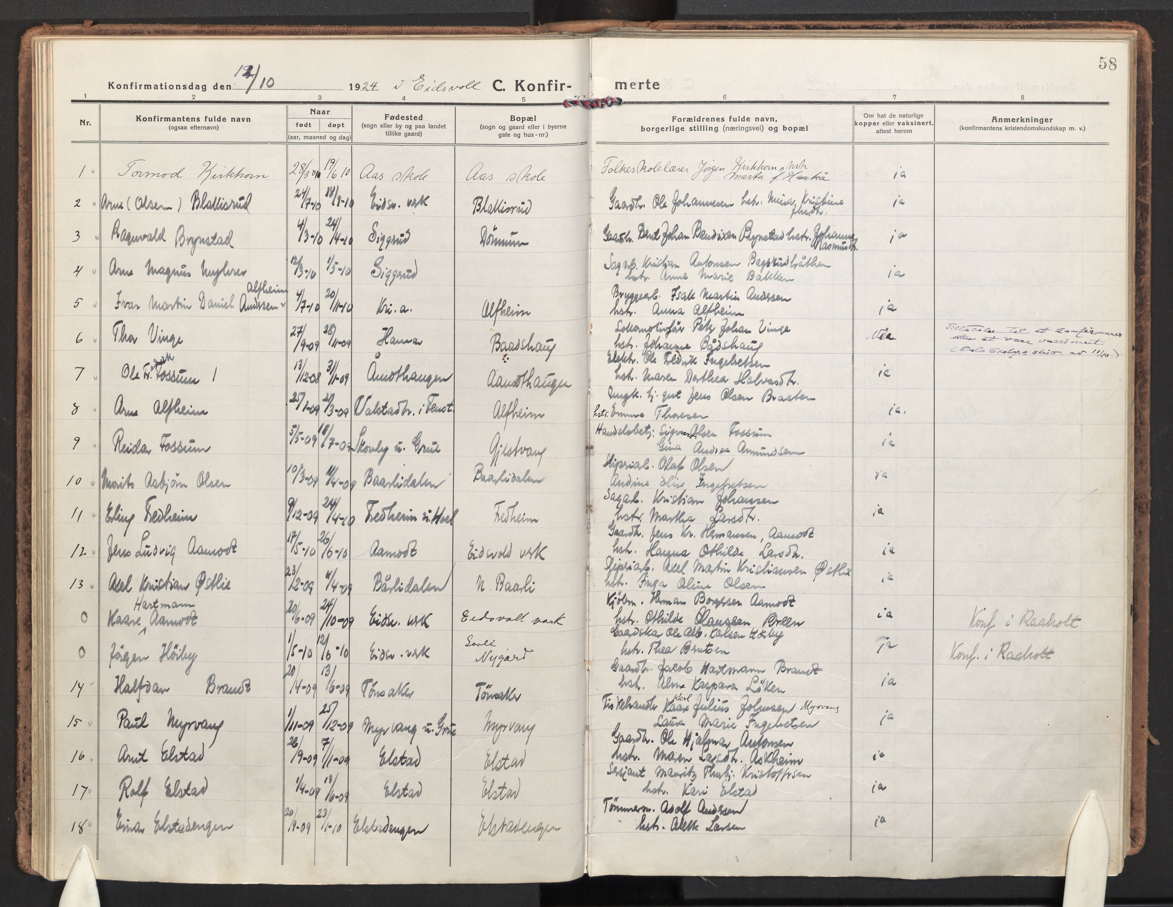 Eidsvoll prestekontor Kirkebøker, AV/SAO-A-10888/F/Fa/L0009: Parish register (official) no. I 9, 1918-1935, p. 58