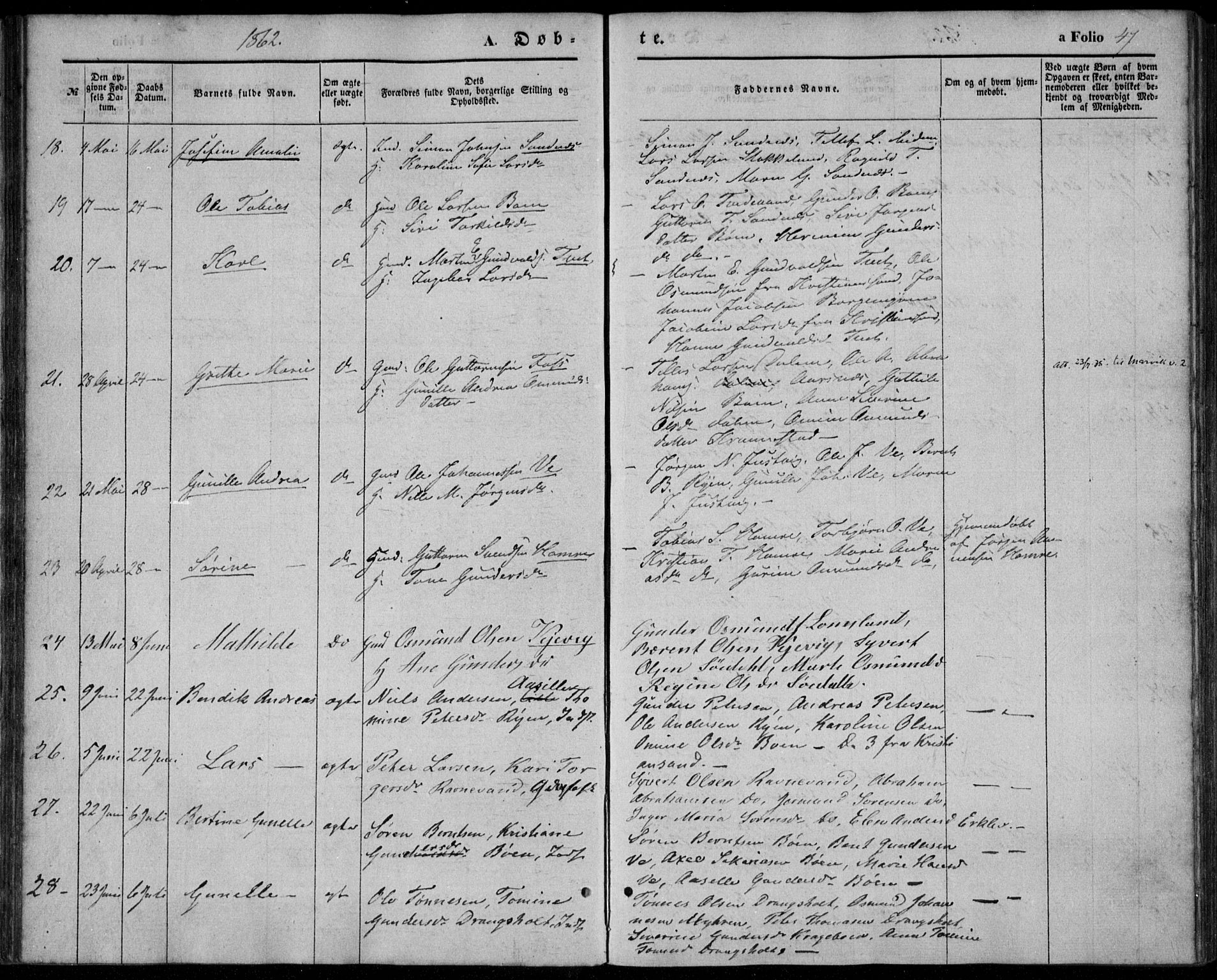 Tveit sokneprestkontor, AV/SAK-1111-0043/F/Fa/L0005: Parish register (official) no. A 5, 1853-1871, p. 47