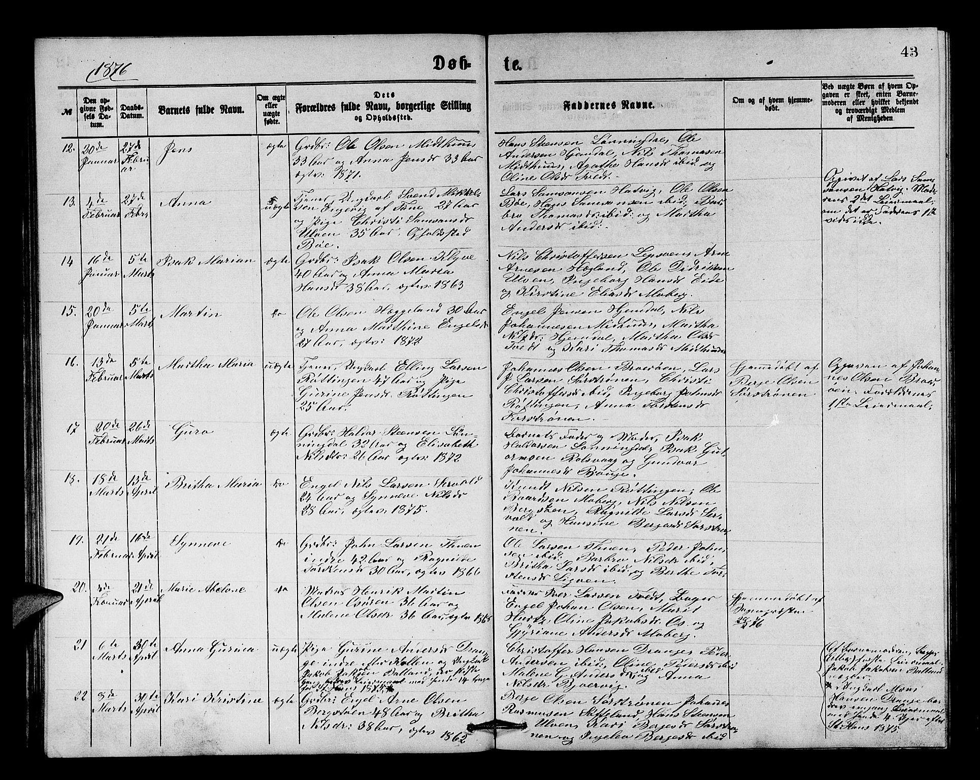 Os sokneprestembete, AV/SAB-A-99929: Parish register (copy) no. A 1, 1869-1879, p. 43