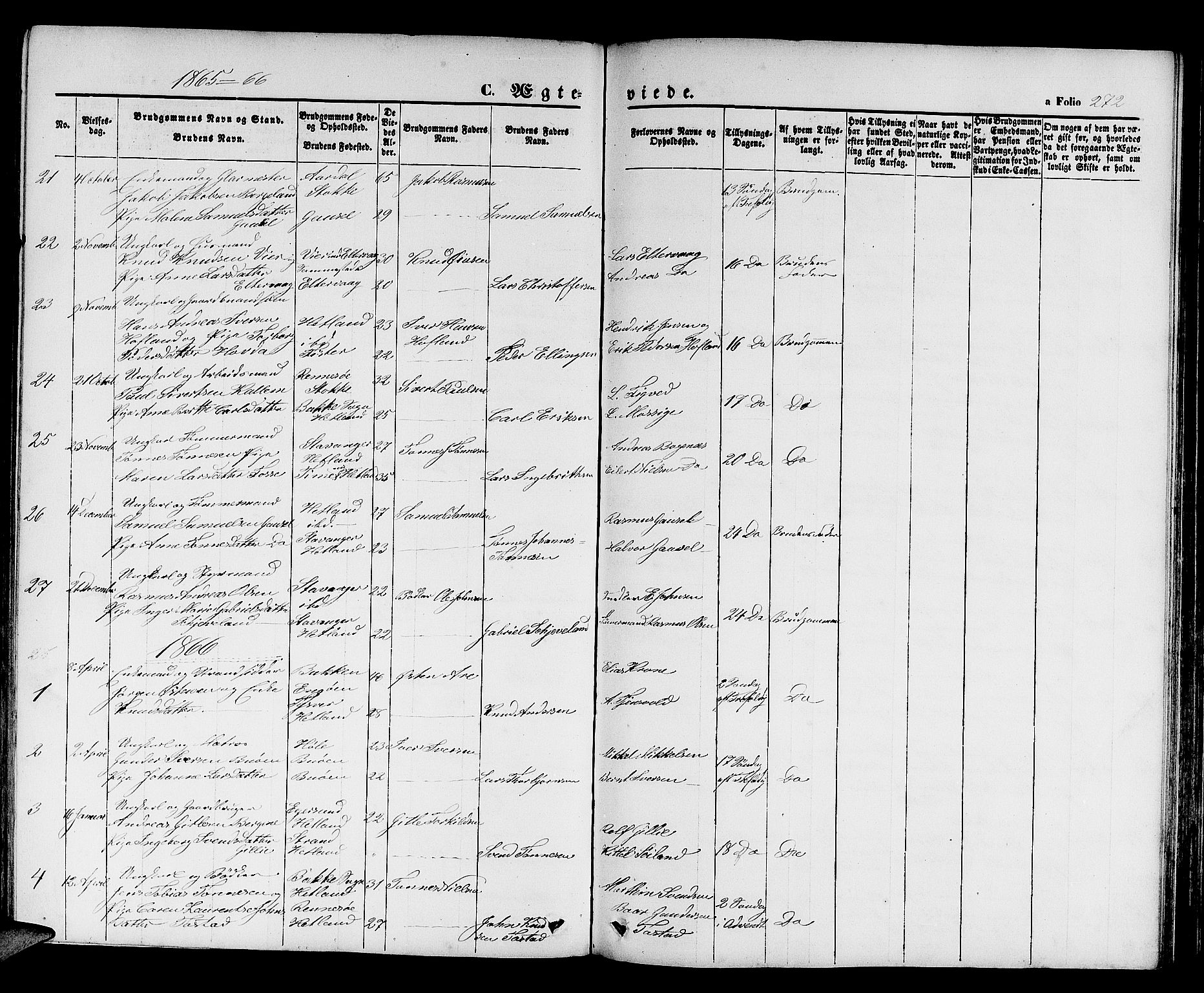 Hetland sokneprestkontor, SAST/A-101826/30/30BB/L0003: Parish register (copy) no. B 3, 1863-1877, p. 272