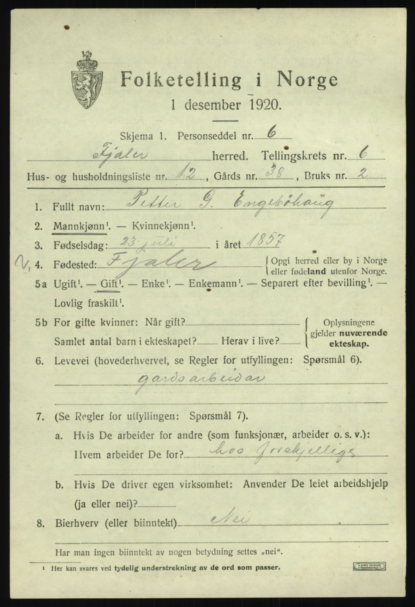 SAB, 1920 census for Fjaler, 1920, p. 3887