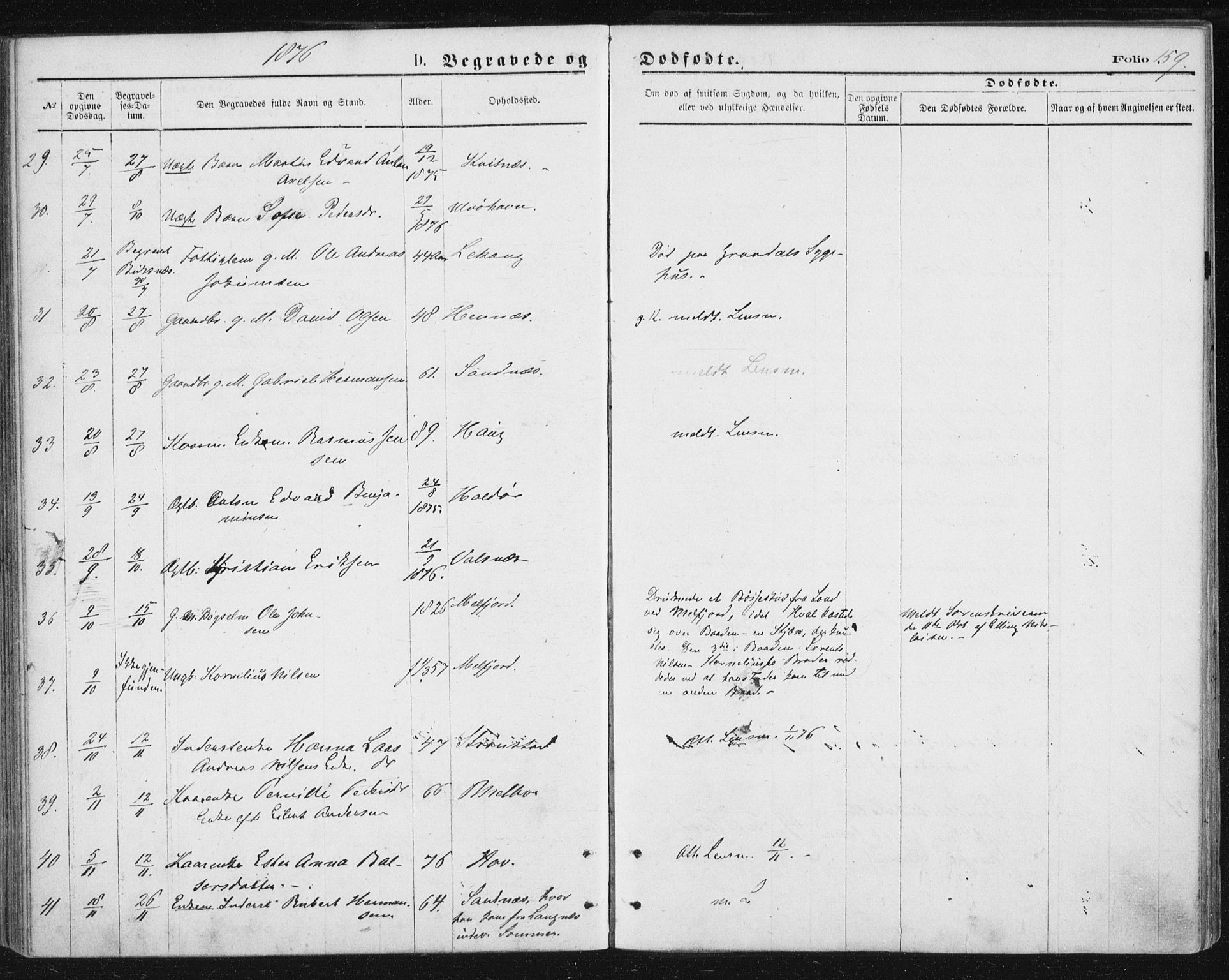 Ministerialprotokoller, klokkerbøker og fødselsregistre - Nordland, AV/SAT-A-1459/888/L1243: Parish register (official) no. 888A09, 1876-1879, p. 159