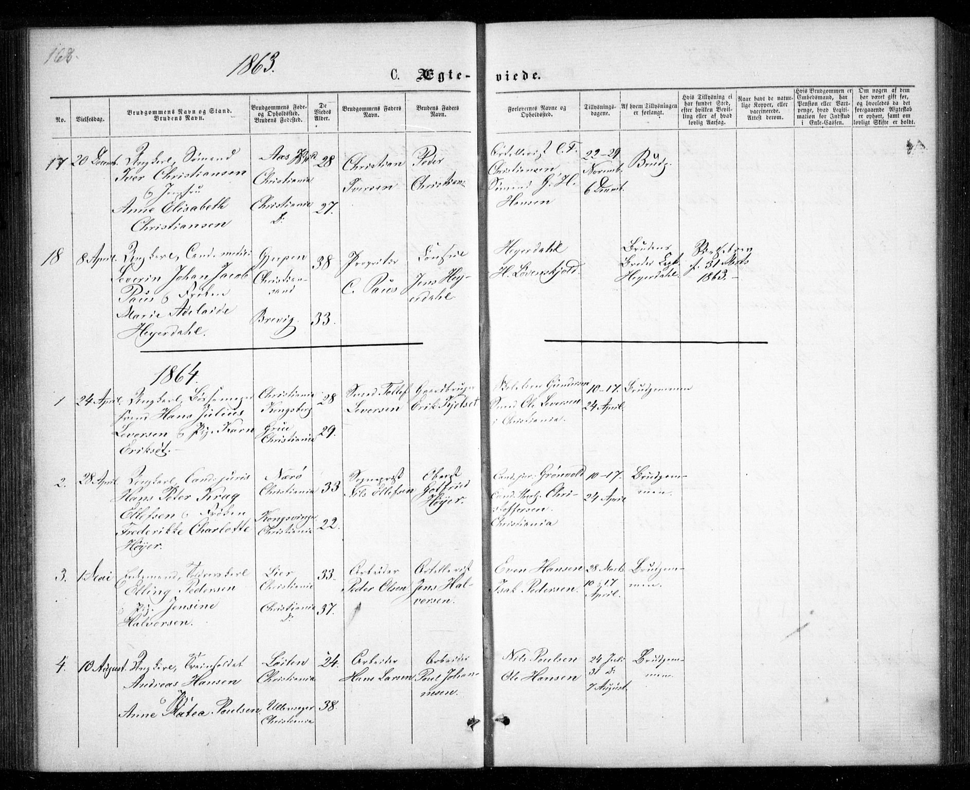 Garnisonsmenigheten Kirkebøker, SAO/A-10846/G/Ga/L0006: Parish register (copy) no. 6, 1860-1880, p. 168