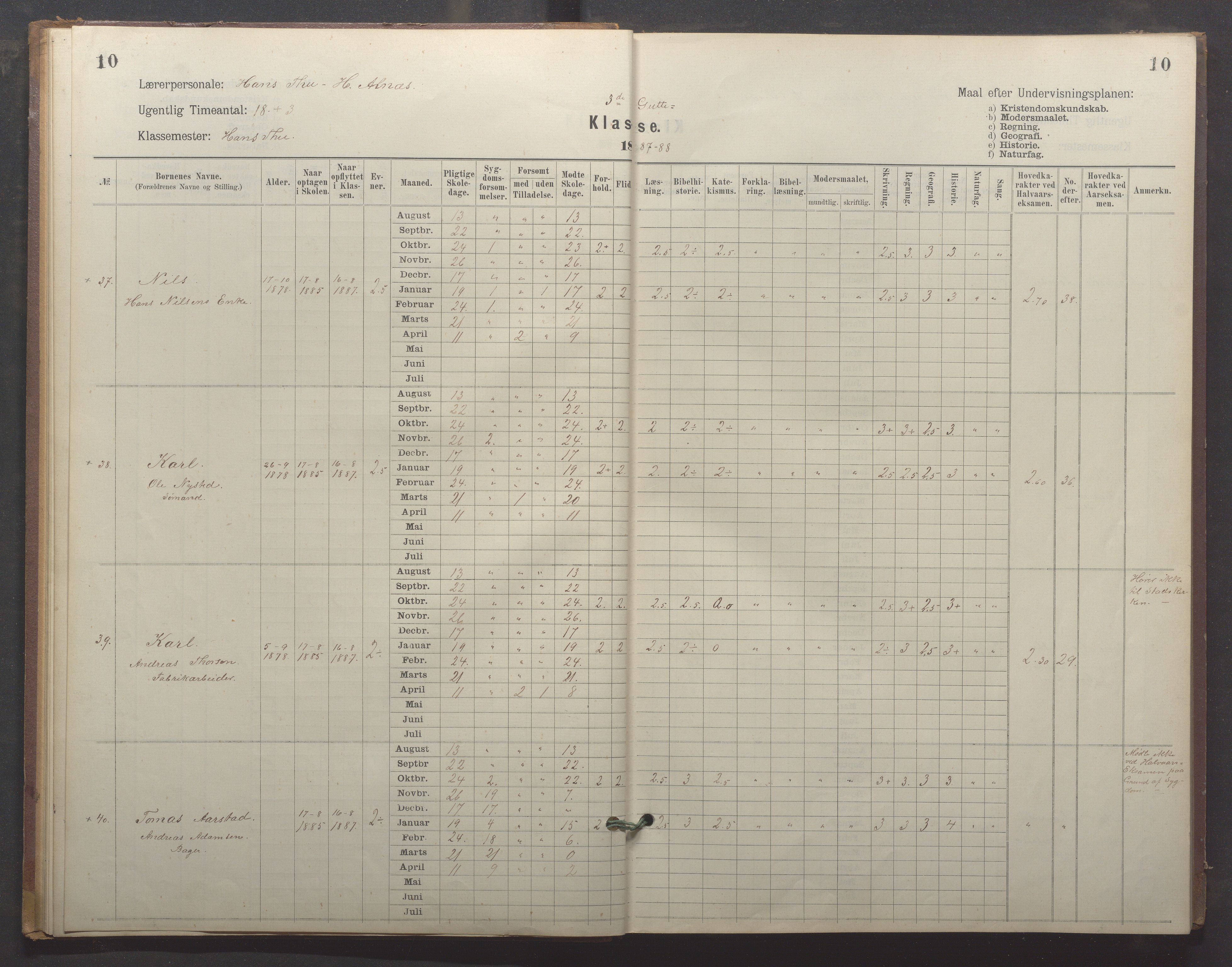 Egersund kommune (Ladested) - Egersund almueskole/folkeskole, IKAR/K-100521/H/L0024: Skoleprotokoll - Almueskolen, 3. klasse, 1887-1892, p. 10