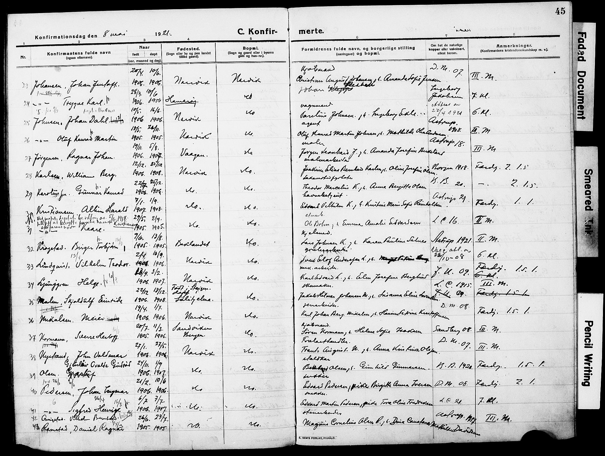 Ministerialprotokoller, klokkerbøker og fødselsregistre - Nordland, AV/SAT-A-1459/871/L0989: Parish register (official) no. 871A05, 1915-1922, p. 45