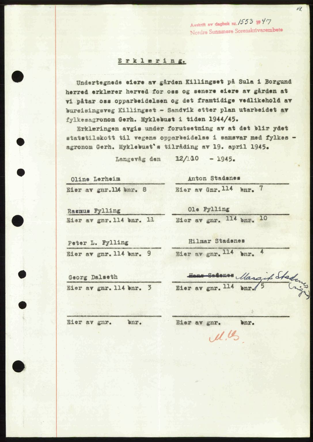 Nordre Sunnmøre sorenskriveri, AV/SAT-A-0006/1/2/2C/2Ca: Mortgage book no. A25, 1947-1947, Diary no: : 1553/1947