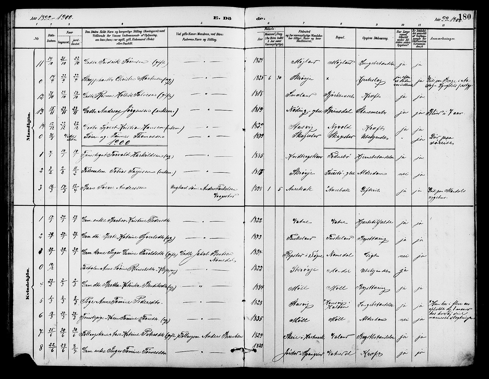 Holum sokneprestkontor, SAK/1111-0022/F/Fb/Fba/L0005: Parish register (copy) no. B 5, 1891-1909, p. 180