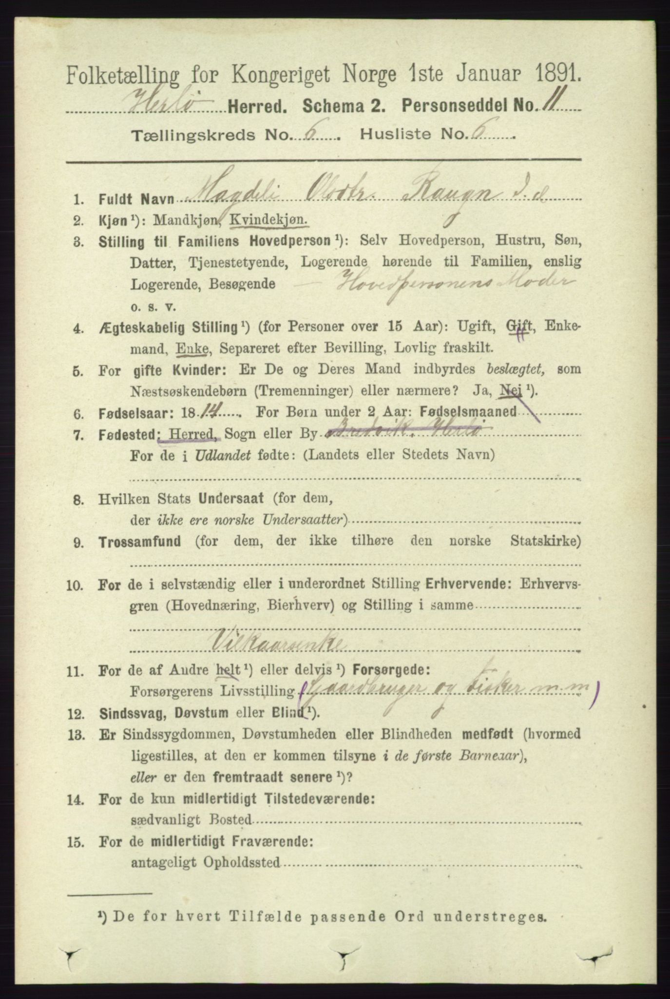 RA, 1891 census for 1258 Herdla, 1891, p. 2664