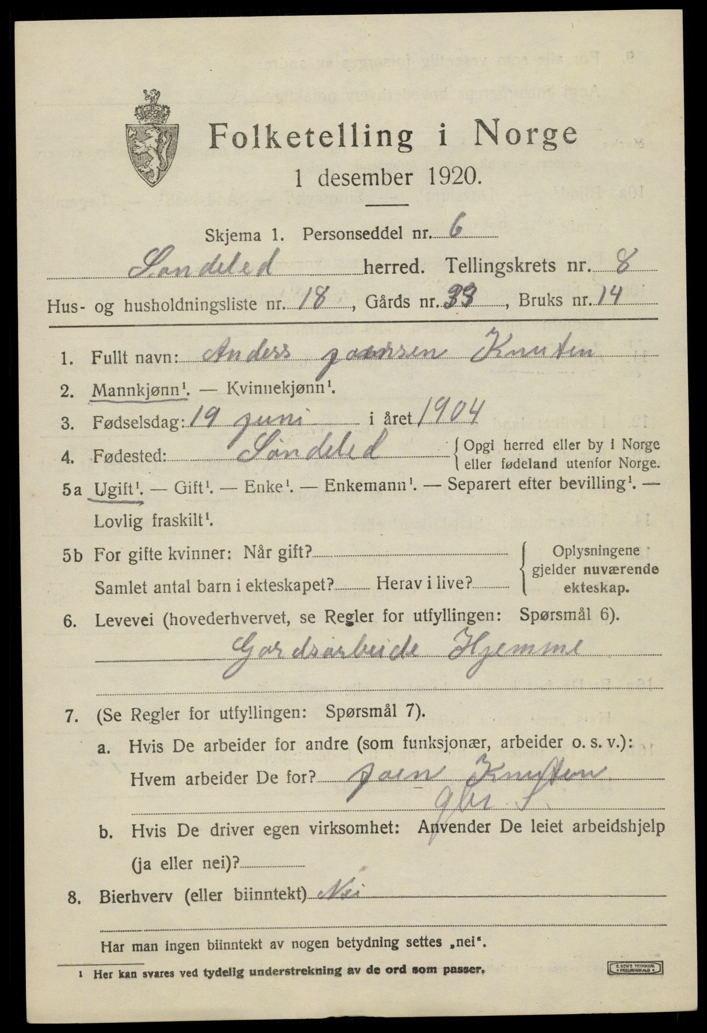 SAK, 1920 census for Søndeled, 1920, p. 4565