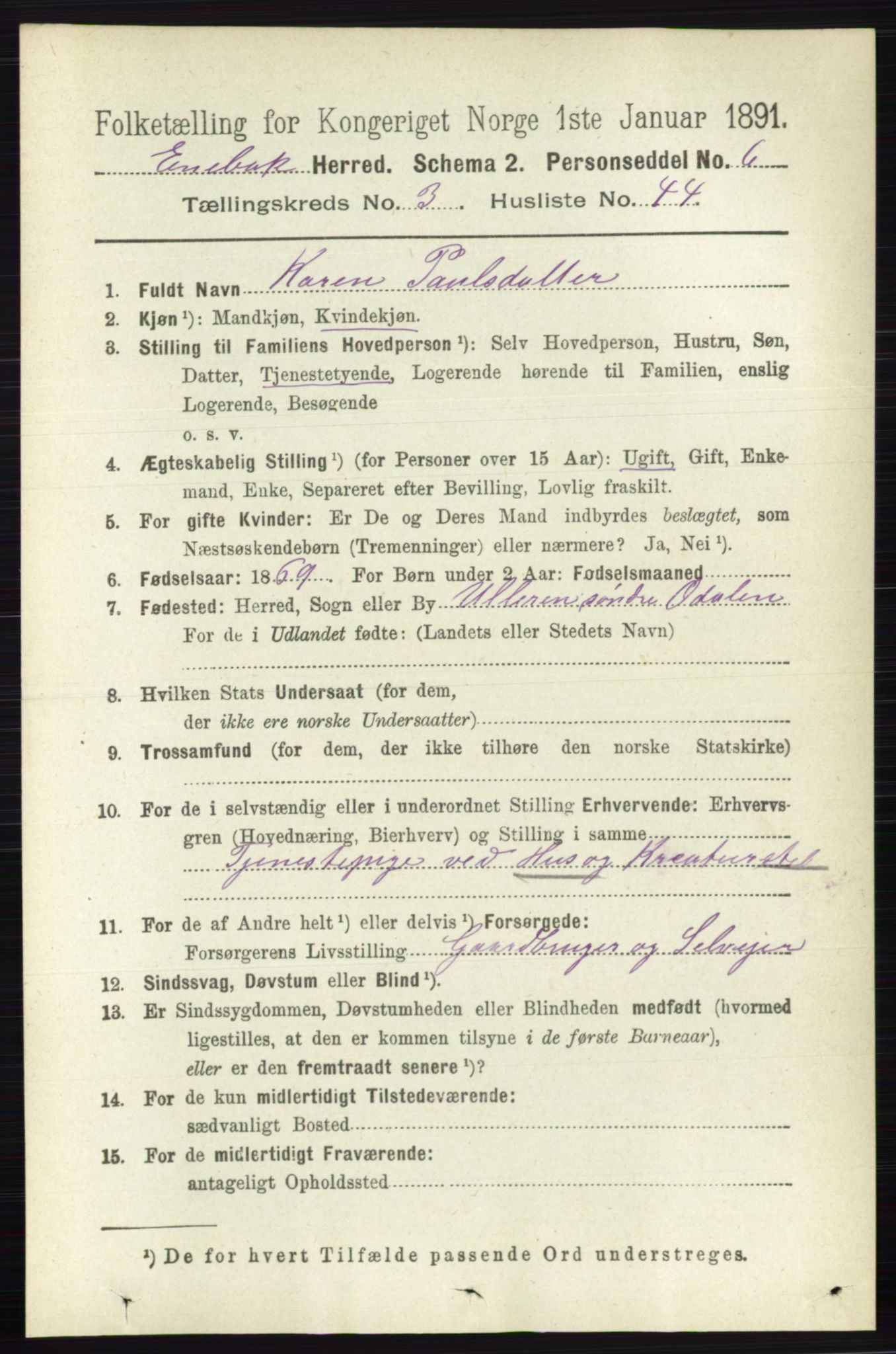 RA, 1891 census for 0229 Enebakk, 1891, p. 1401