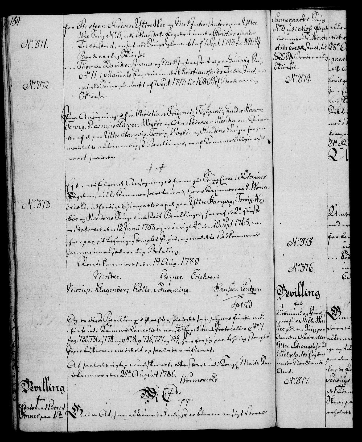 Rentekammeret, Kammerkanselliet, AV/RA-EA-3111/G/Gg/Gga/L0011: Norsk ekspedisjonsprotokoll med register (merket RK 53.11), 1779-1781, p. 154