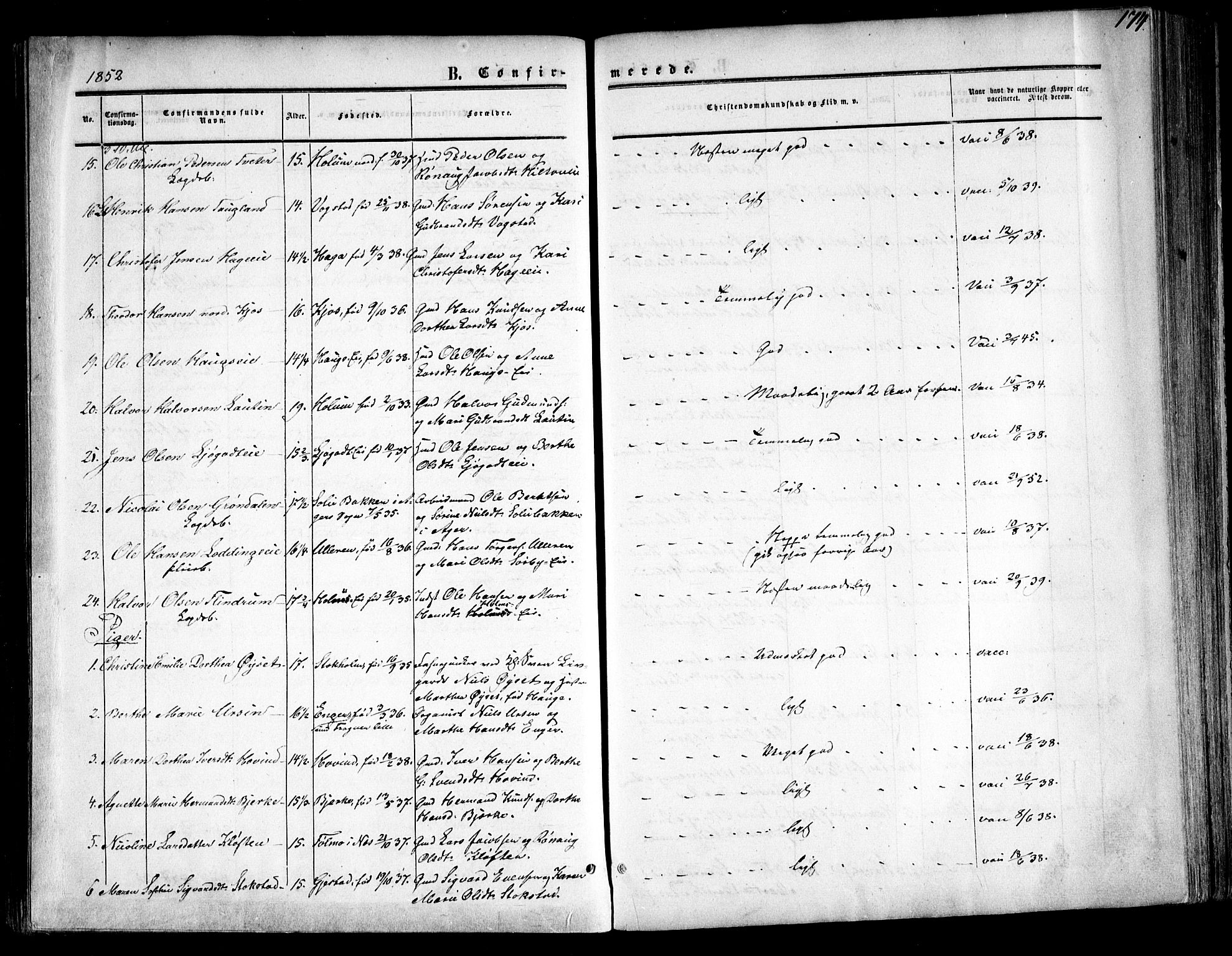 Ullensaker prestekontor Kirkebøker, AV/SAO-A-10236a/F/Fa/L0015.a: Parish register (official) no. I 15A, 1851-1862, p. 174