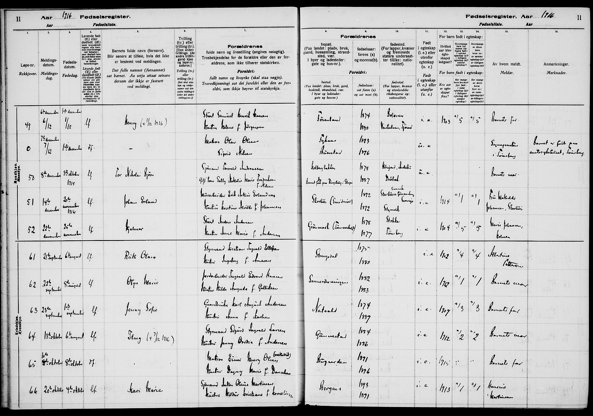 Nøtterøy kirkebøker, AV/SAKO-A-354/J/Ja/L0001: Birth register no. 1, 1916-1928, p. 11