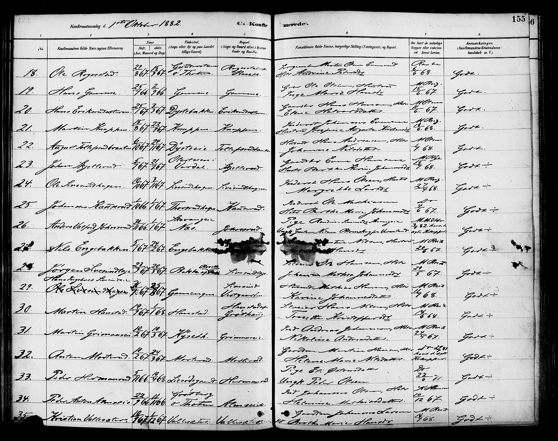 Vestre Toten prestekontor, SAH/PREST-108/H/Ha/Haa/L0009: Parish register (official) no. 9, 1878-1894, p. 155