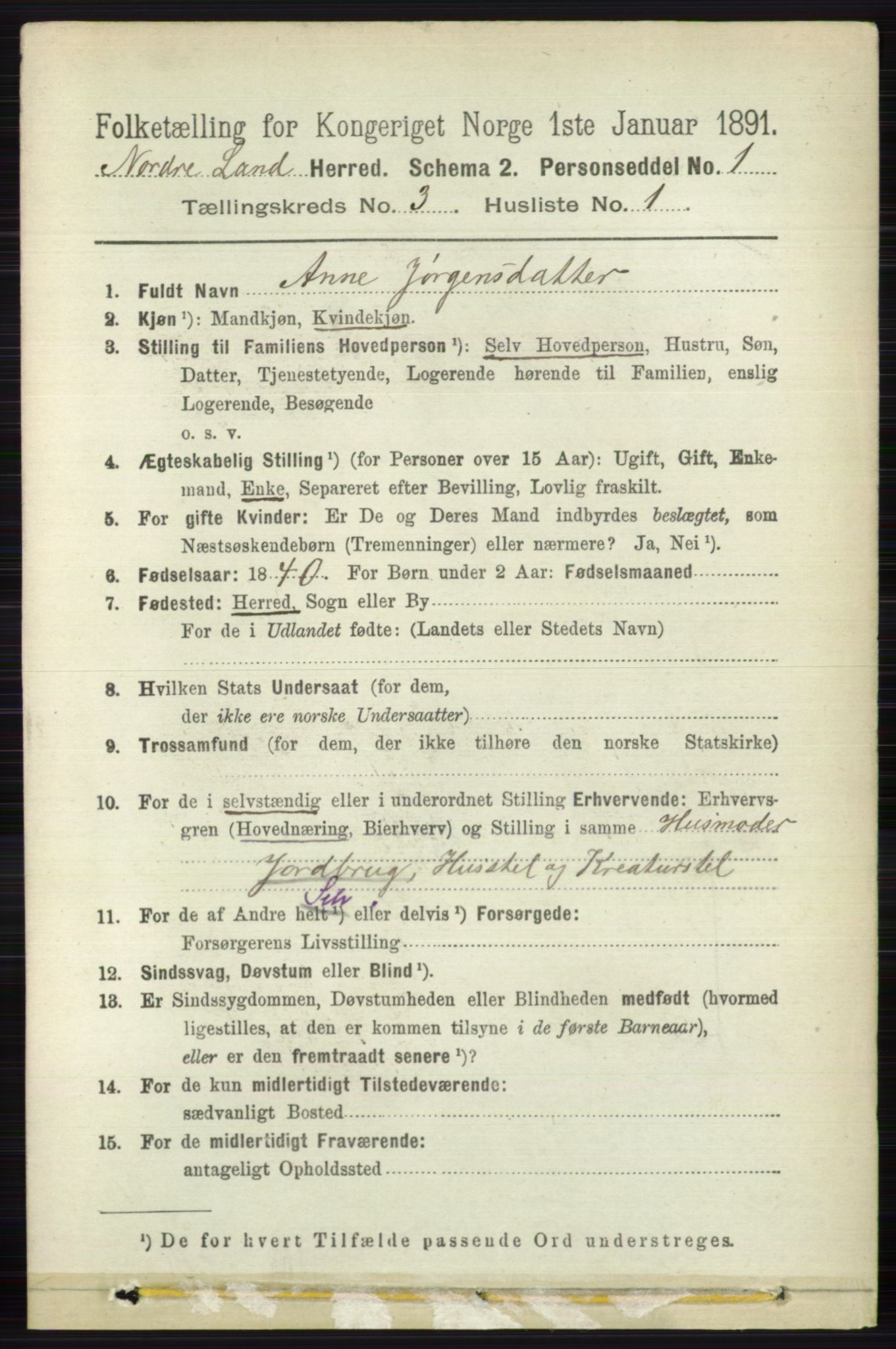 RA, 1891 census for 0538 Nordre Land, 1891, p. 941