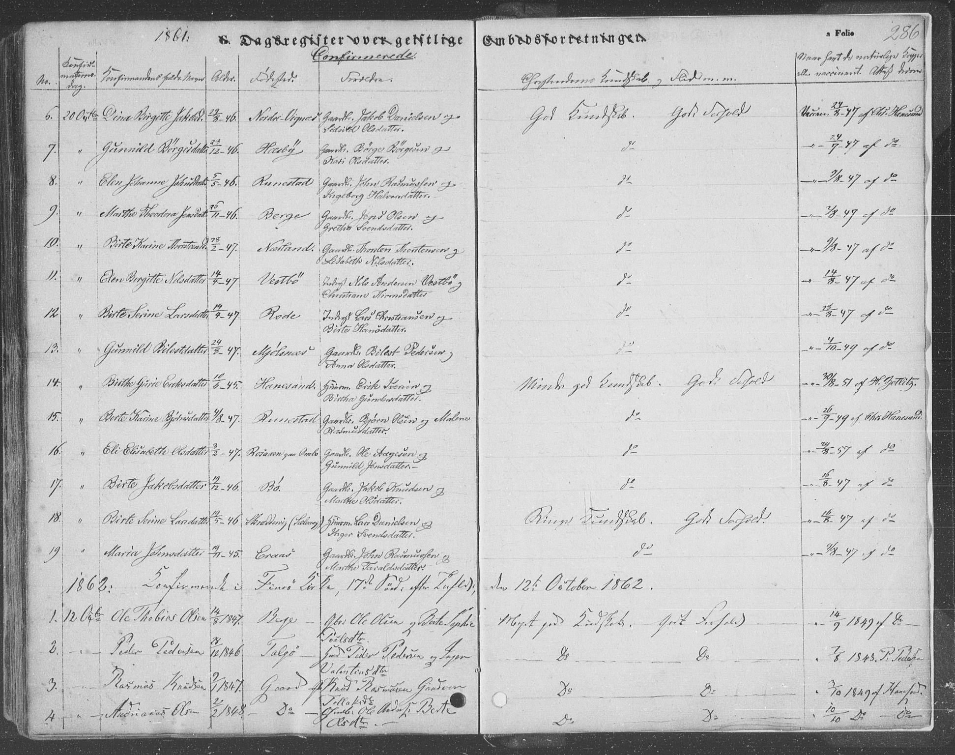 Finnøy sokneprestkontor, SAST/A-101825/H/Ha/Haa/L0007: Parish register (official) no. A 7, 1847-1862, p. 286