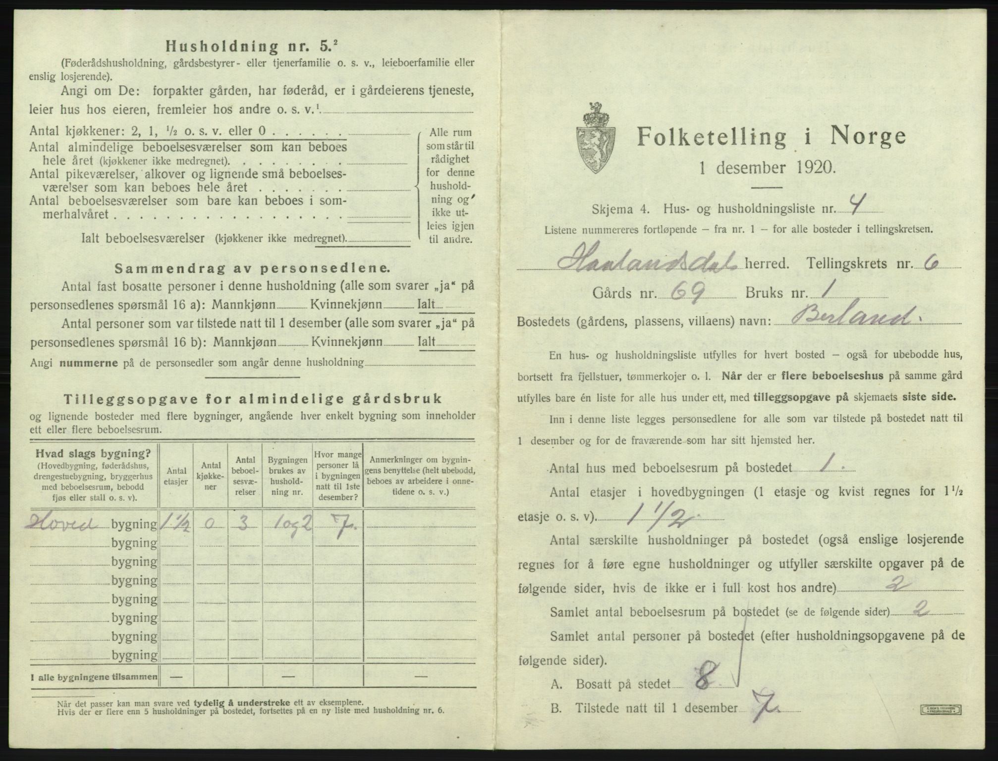 SAB, 1920 census for Hålandsdal, 1920, p. 196