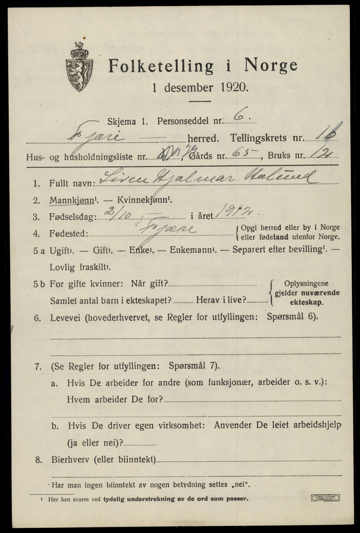 SAK, 1920 census for Fjære, 1920, p. 12035