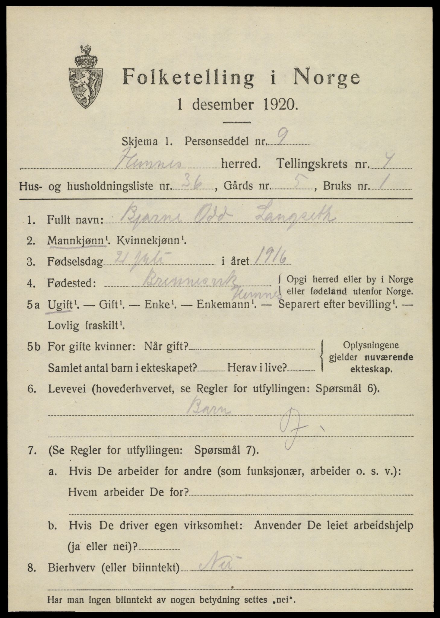 SAT, 1920 census for Hemnes, 1920, p. 5936