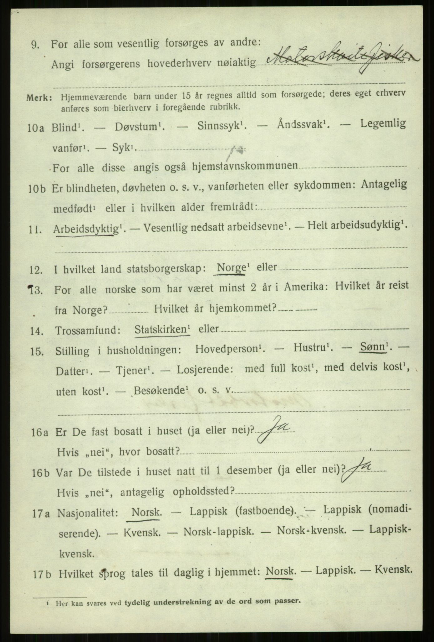 SATØ, 1920 census for Salangen, 1920, p. 2291