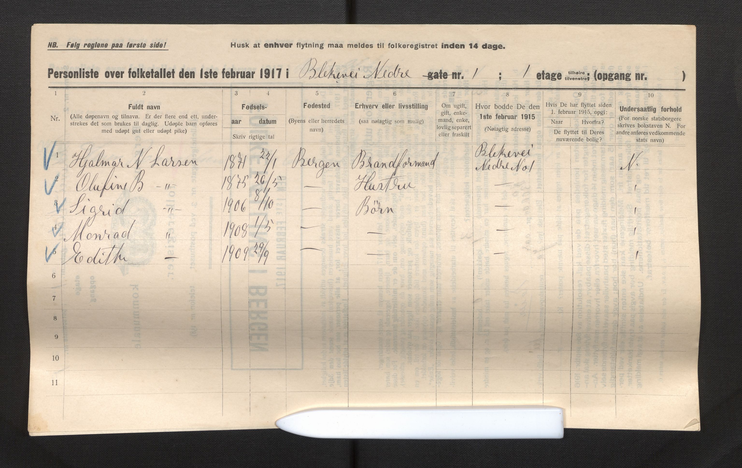 SAB, Municipal Census 1917 for Bergen, 1917, p. 2831