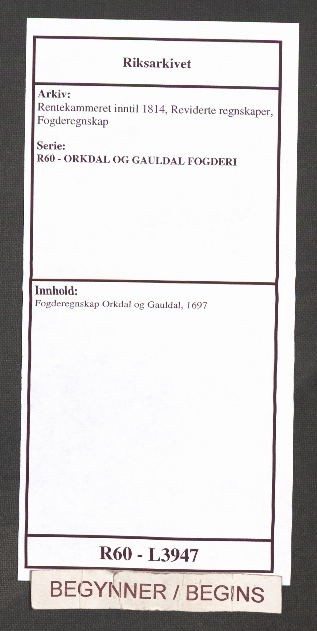 Rentekammeret inntil 1814, Reviderte regnskaper, Fogderegnskap, AV/RA-EA-4092/R60/L3947: Fogderegnskap Orkdal og Gauldal, 1697, p. 1