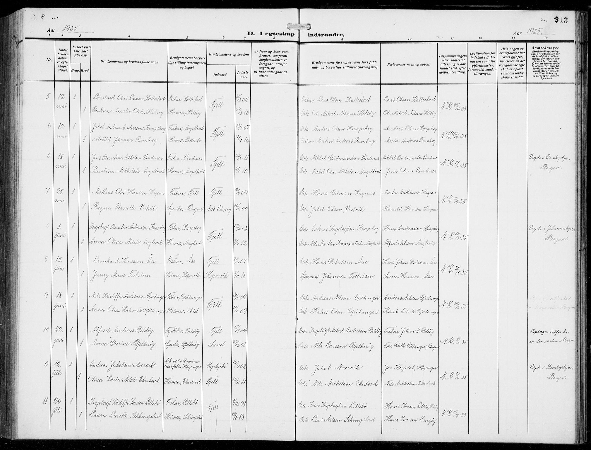 Fjell sokneprestembete, AV/SAB-A-75301/H/Hab: Parish register (copy) no. A  6, 1918-1936, p. 313