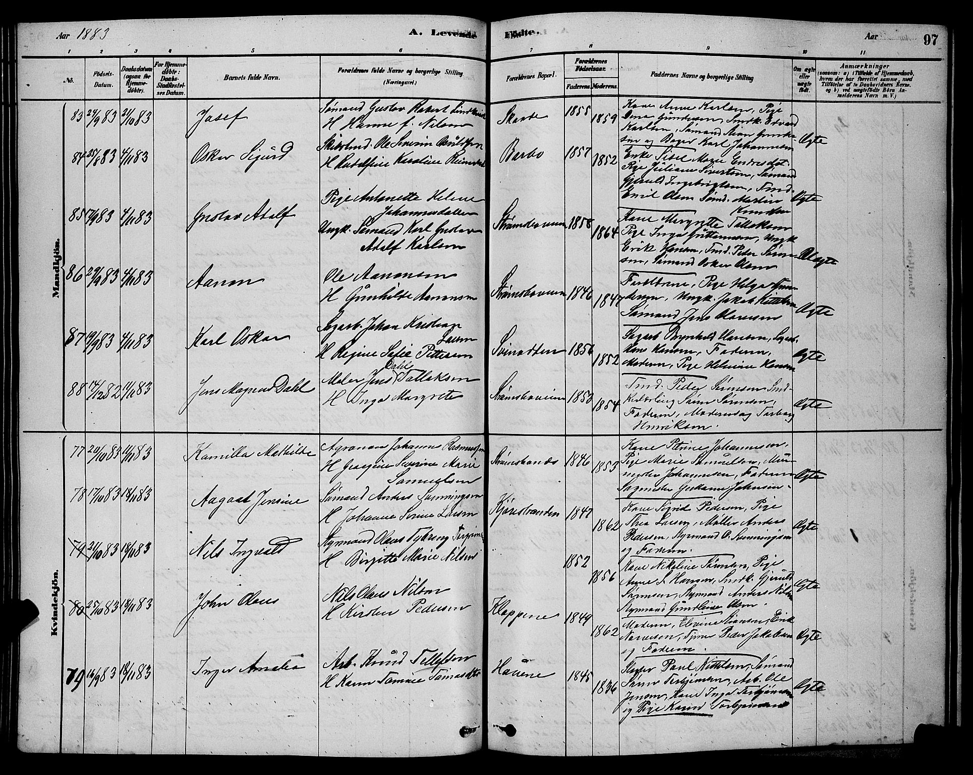 Barbu sokneprestkontor, AV/SAK-1111-0003/F/Fb/L0001: Parish register (copy) no. B 1, 1878-1890, p. 97