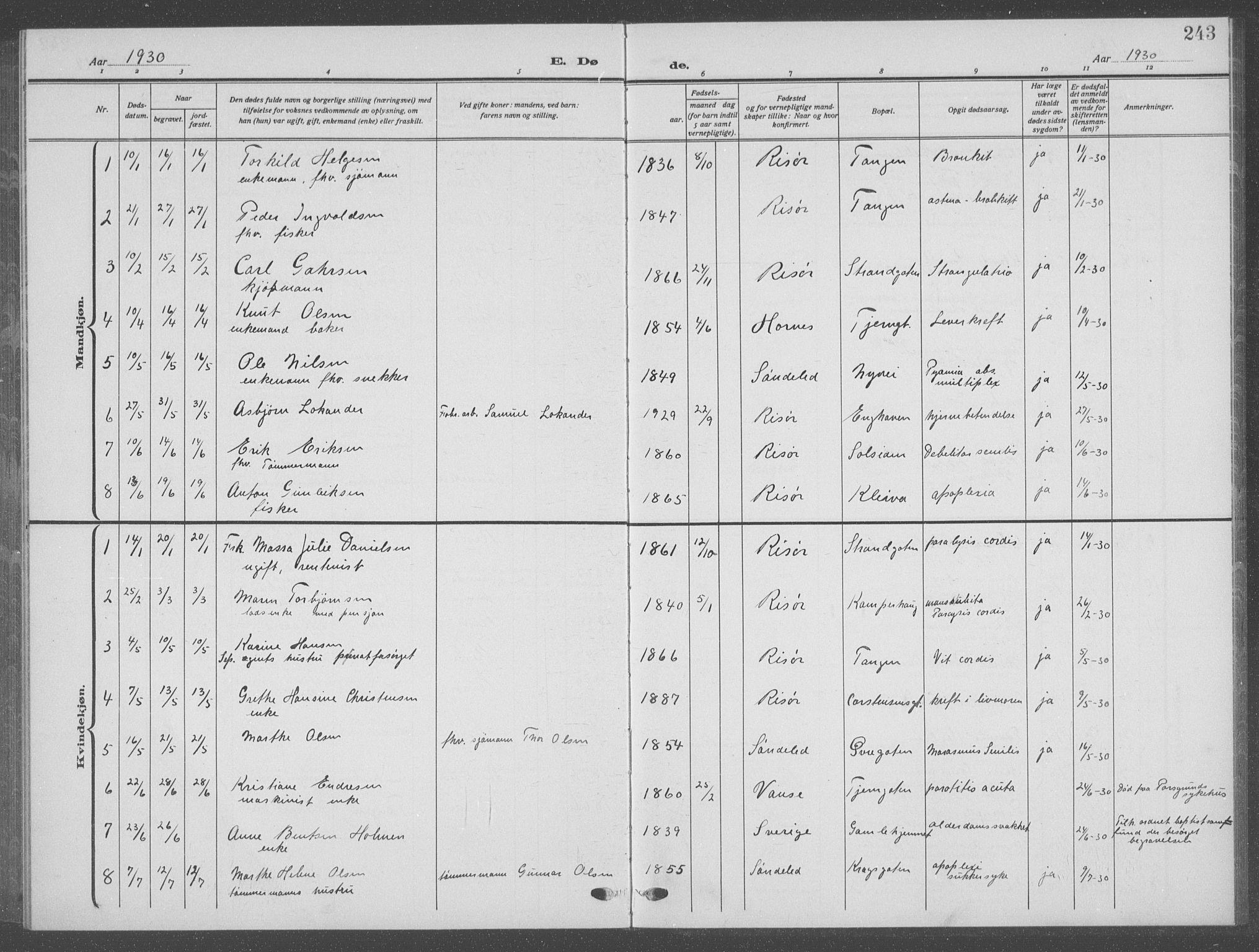 Risør sokneprestkontor, AV/SAK-1111-0035/F/Fb/L0009: Parish register (copy) no. B 9, 1922-1939, p. 243