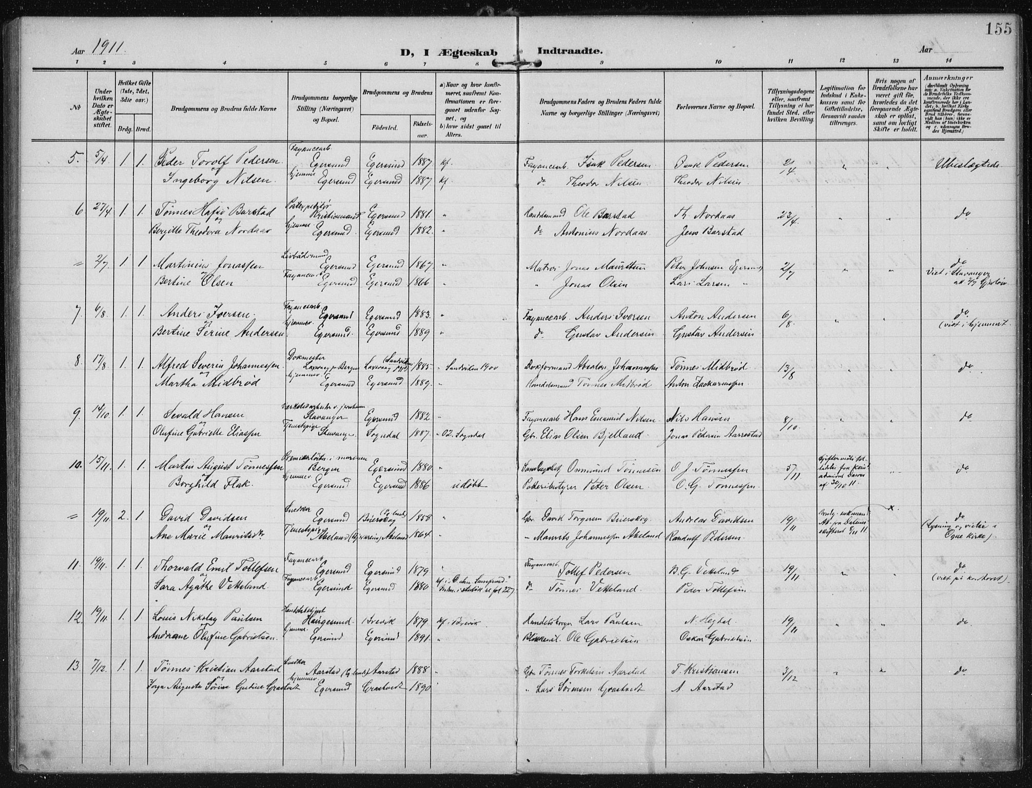 Eigersund sokneprestkontor, AV/SAST-A-101807/S08/L0022: Parish register (official) no. A 21, 1905-1928, p. 155