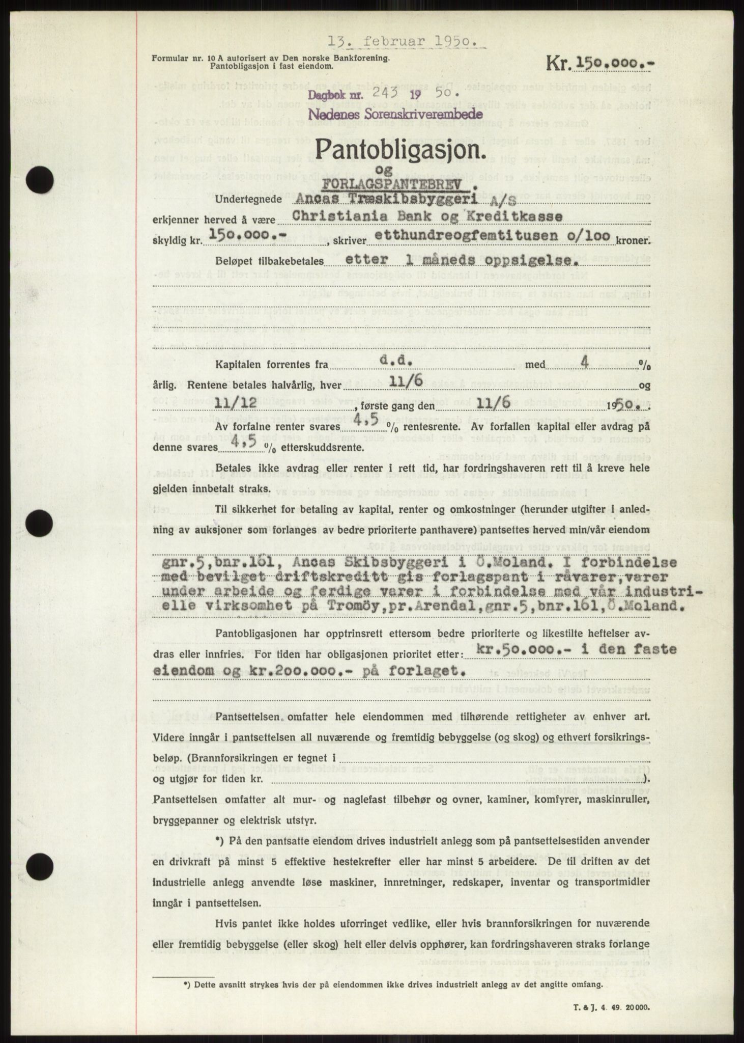 Nedenes sorenskriveri, AV/SAK-1221-0006/G/Gb/Gbb/L0007: Mortgage book no. B7, 1949-1950, Diary no: : 243/1950