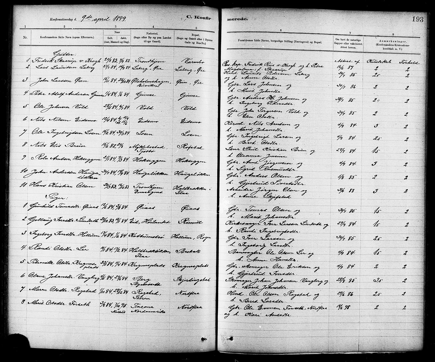 Ministerialprotokoller, klokkerbøker og fødselsregistre - Sør-Trøndelag, SAT/A-1456/691/L1094: Parish register (copy) no. 691C05, 1879-1911, p. 193
