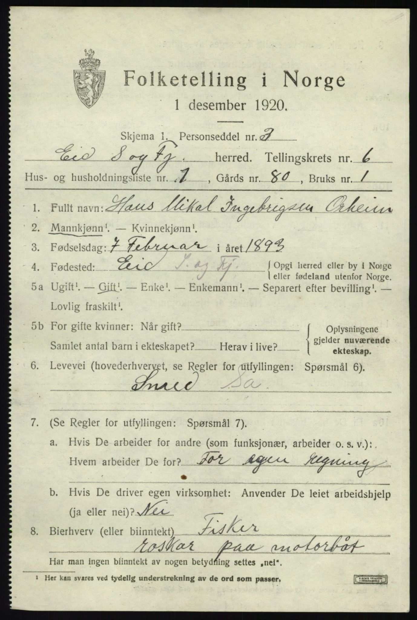 SAB, 1920 census for Eid, 1920, p. 2946