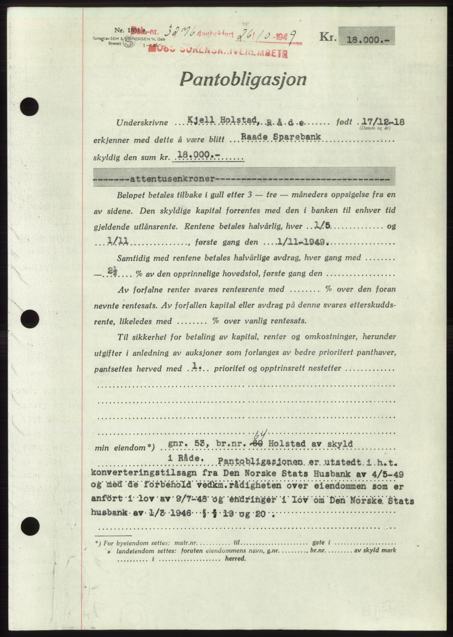 Moss sorenskriveri, SAO/A-10168: Mortgage book no. B23, 1949-1950, Diary no: : 3276/1949