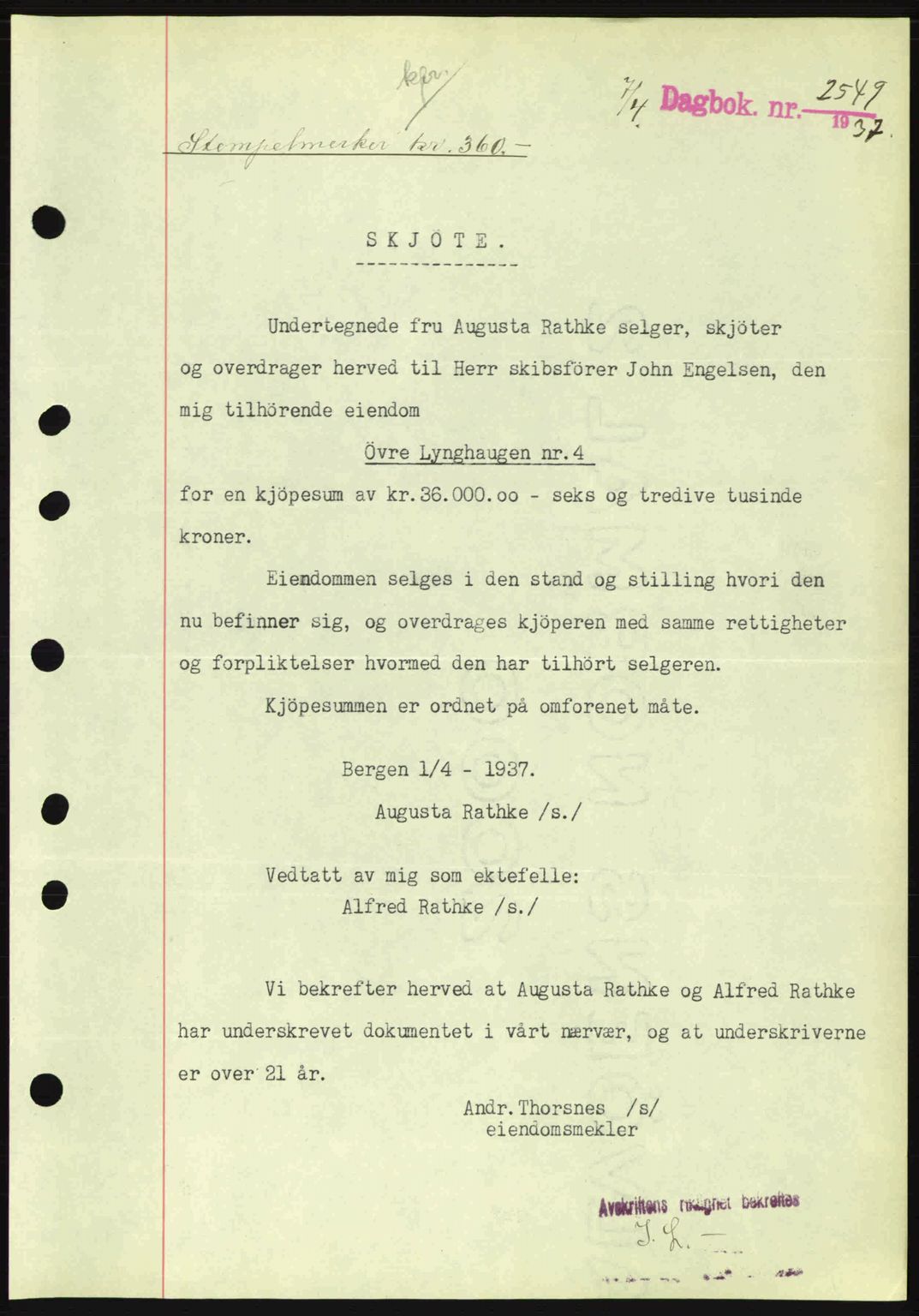 Byfogd og Byskriver i Bergen, SAB/A-3401/03/03Bc/L0004: Mortgage book no. A3-4, 1936-1937, Diary no: : 2549/1937