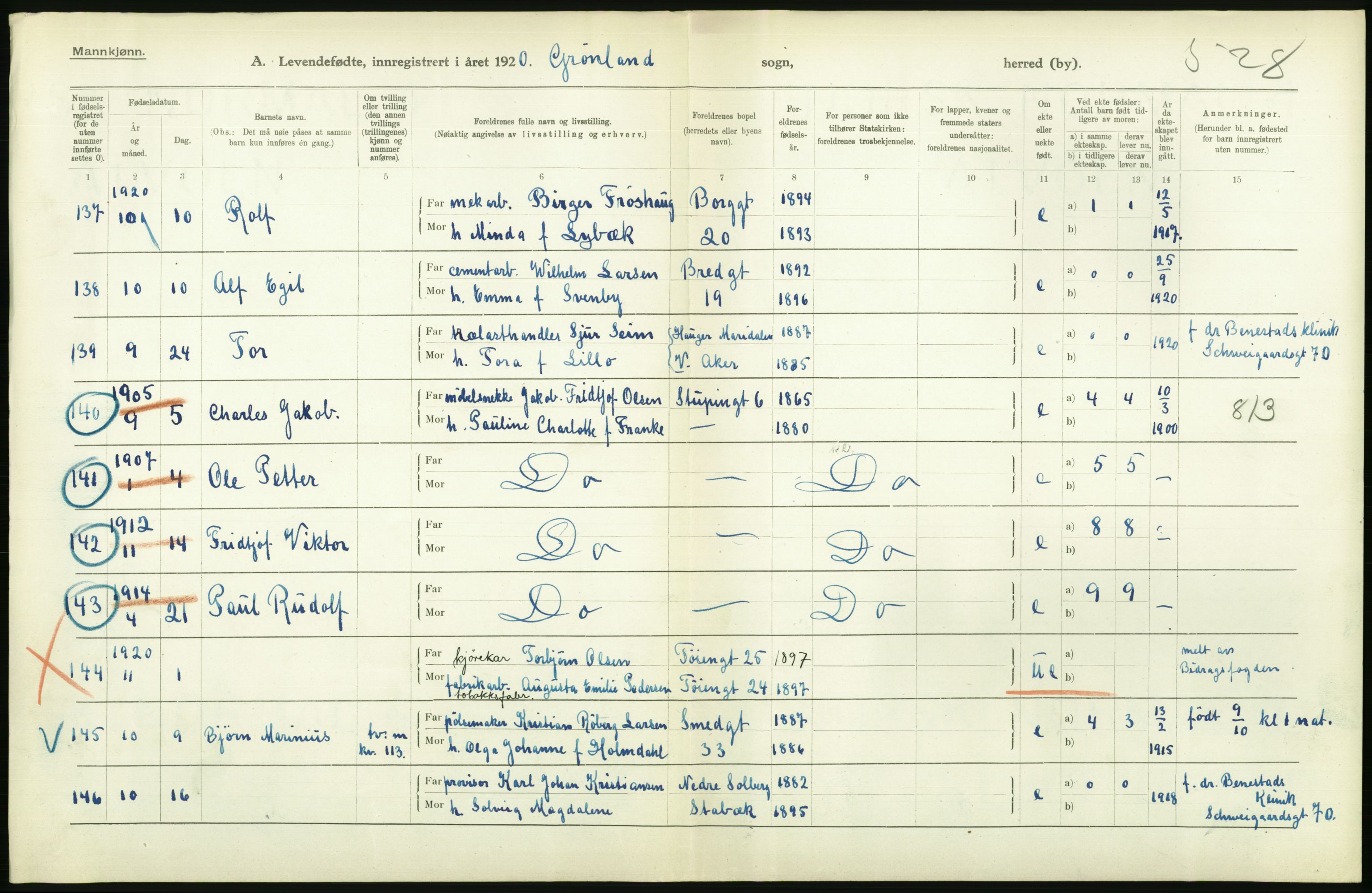 Statistisk sentralbyrå, Sosiodemografiske emner, Befolkning, AV/RA-S-2228/D/Df/Dfb/Dfbj/L0008: Kristiania: Levendefødte menn og kvinner., 1920, p. 144