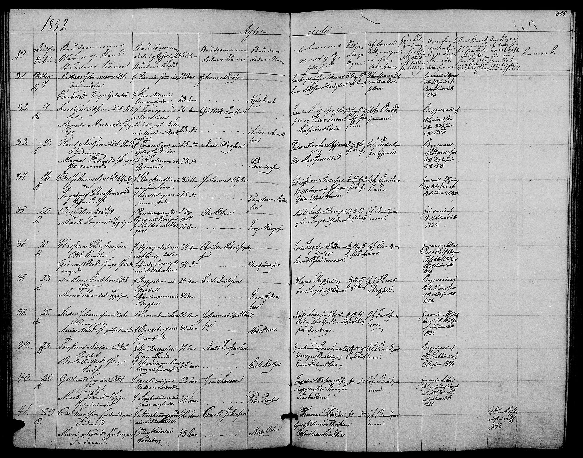 Ringsaker prestekontor, SAH/PREST-014/L/La/L0006: Parish register (copy) no. 6, 1851-1860, p. 304