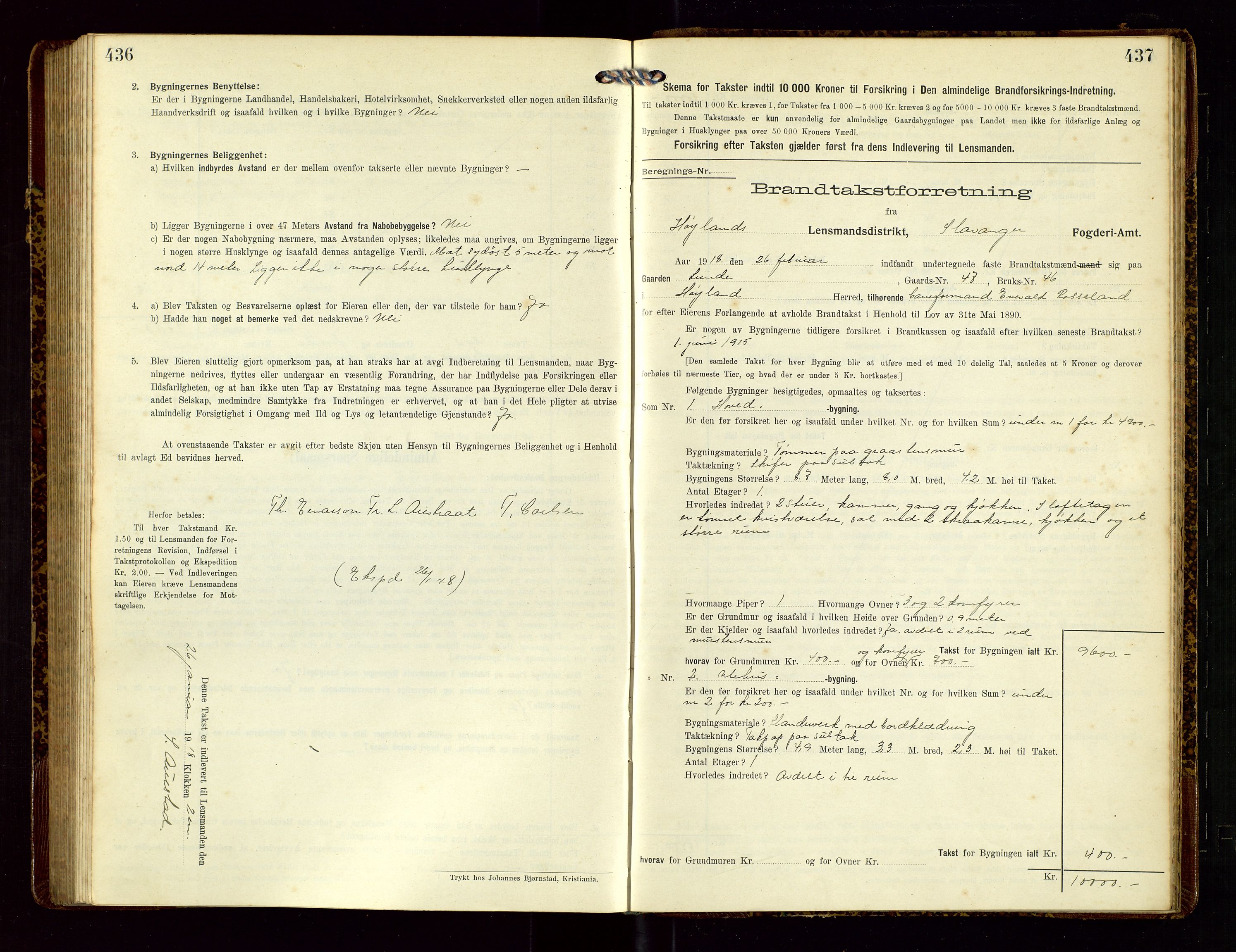 Høyland/Sandnes lensmannskontor, SAST/A-100166/Gob/L0002: "Brandtakstprotokol", 1913-1918, p. 436-437