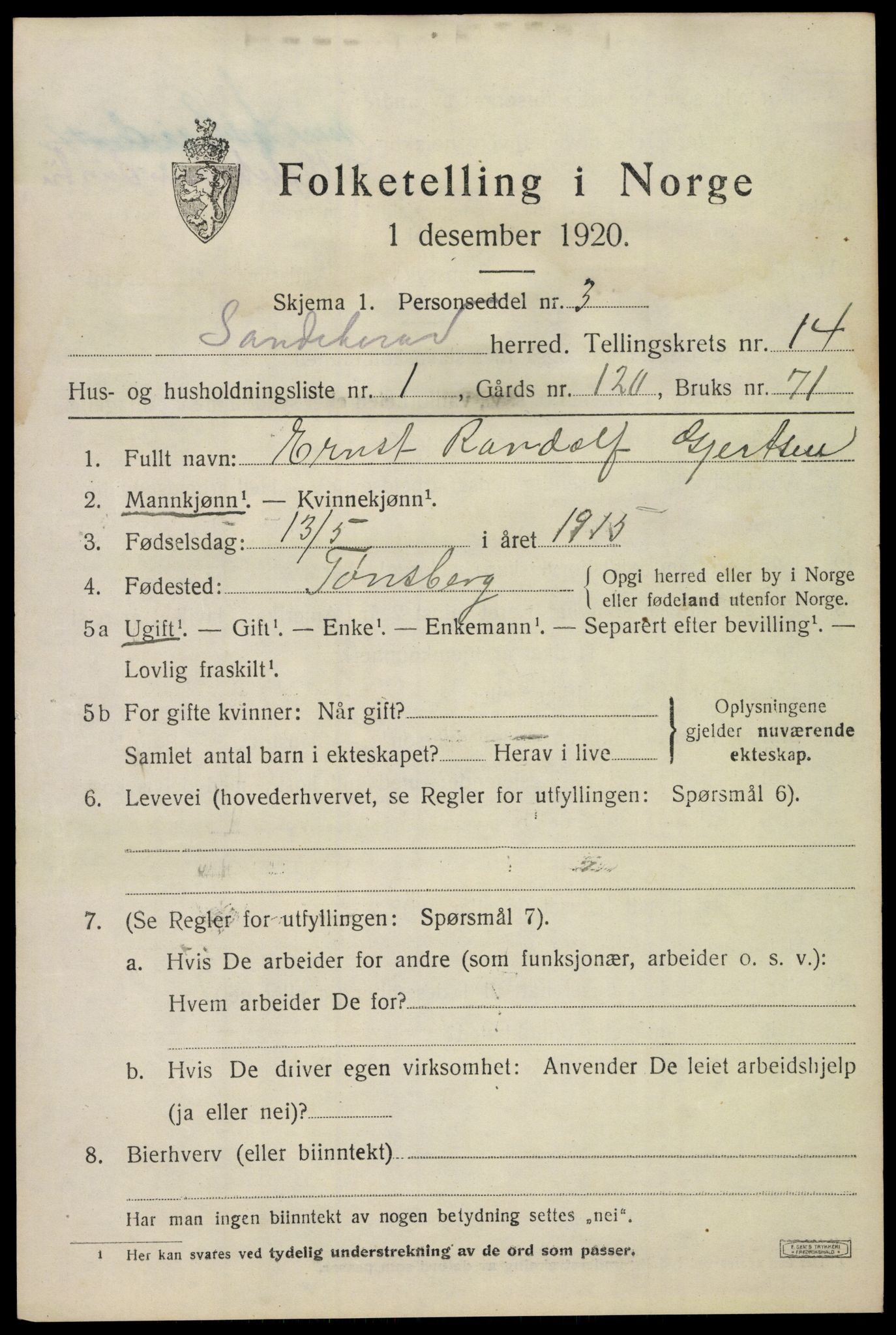 SAKO, 1920 census for Sandeherred, 1920, p. 20178