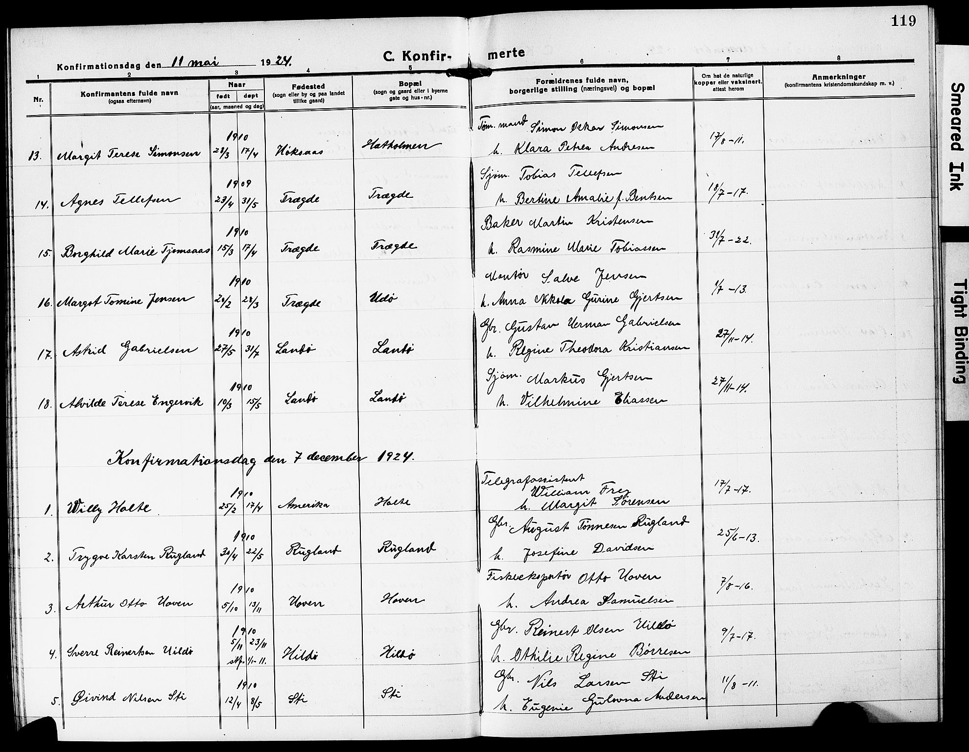 Mandal sokneprestkontor, SAK/1111-0030/F/Fb/Fba/L0013: Parish register (copy) no. B 7, 1918-1931, p. 119